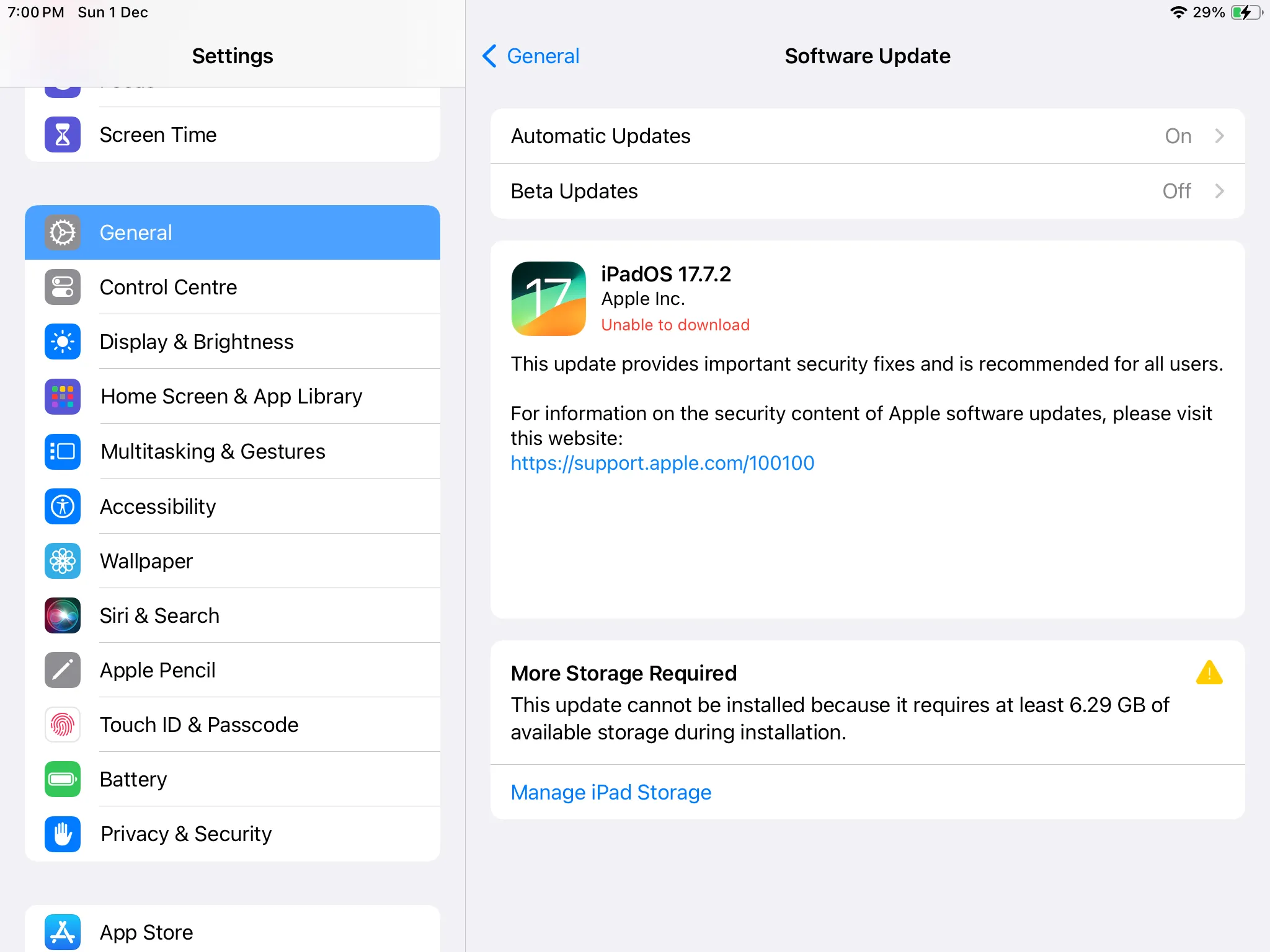 Giao diện cập nhật phần mềm iPadOS hiển thị phiên bản iPadOS 17 mới sẵn có.