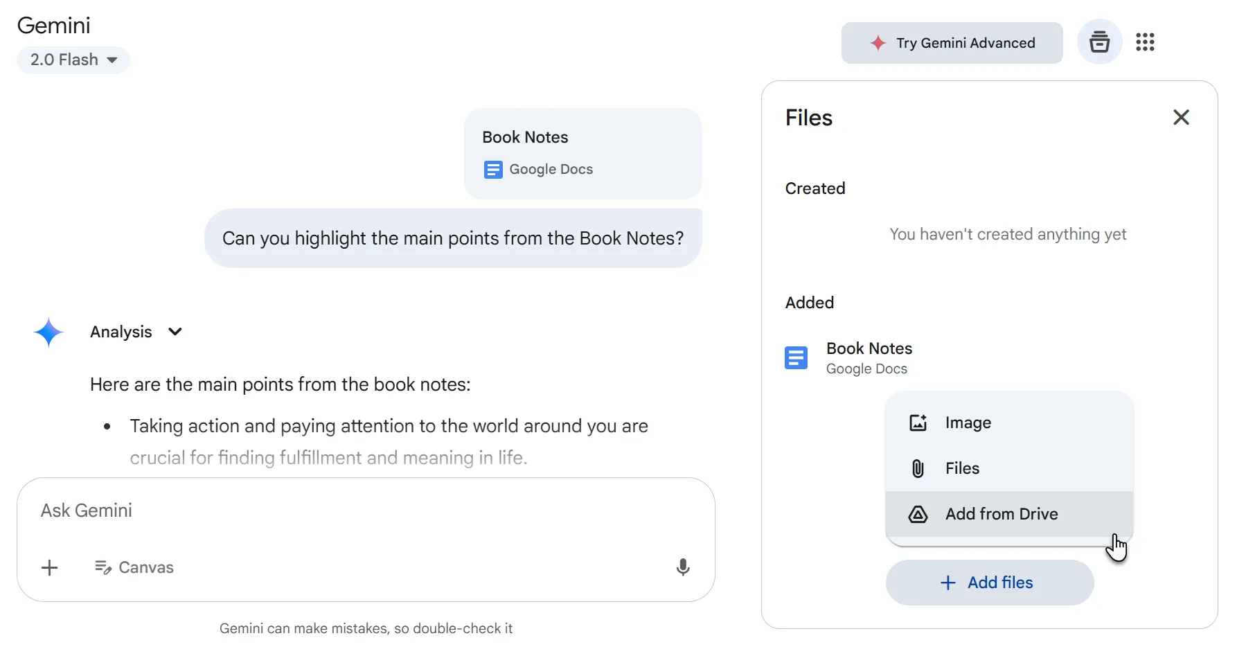 Giao diện chatbot Gemini đang tương tác và xử lý ghi chú được liên kết từ Google Docs