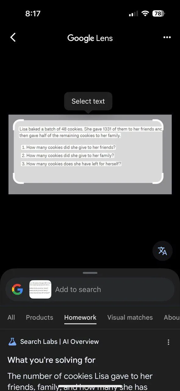 Giao diện chế độ Homework trong ứng dụng Google iOS