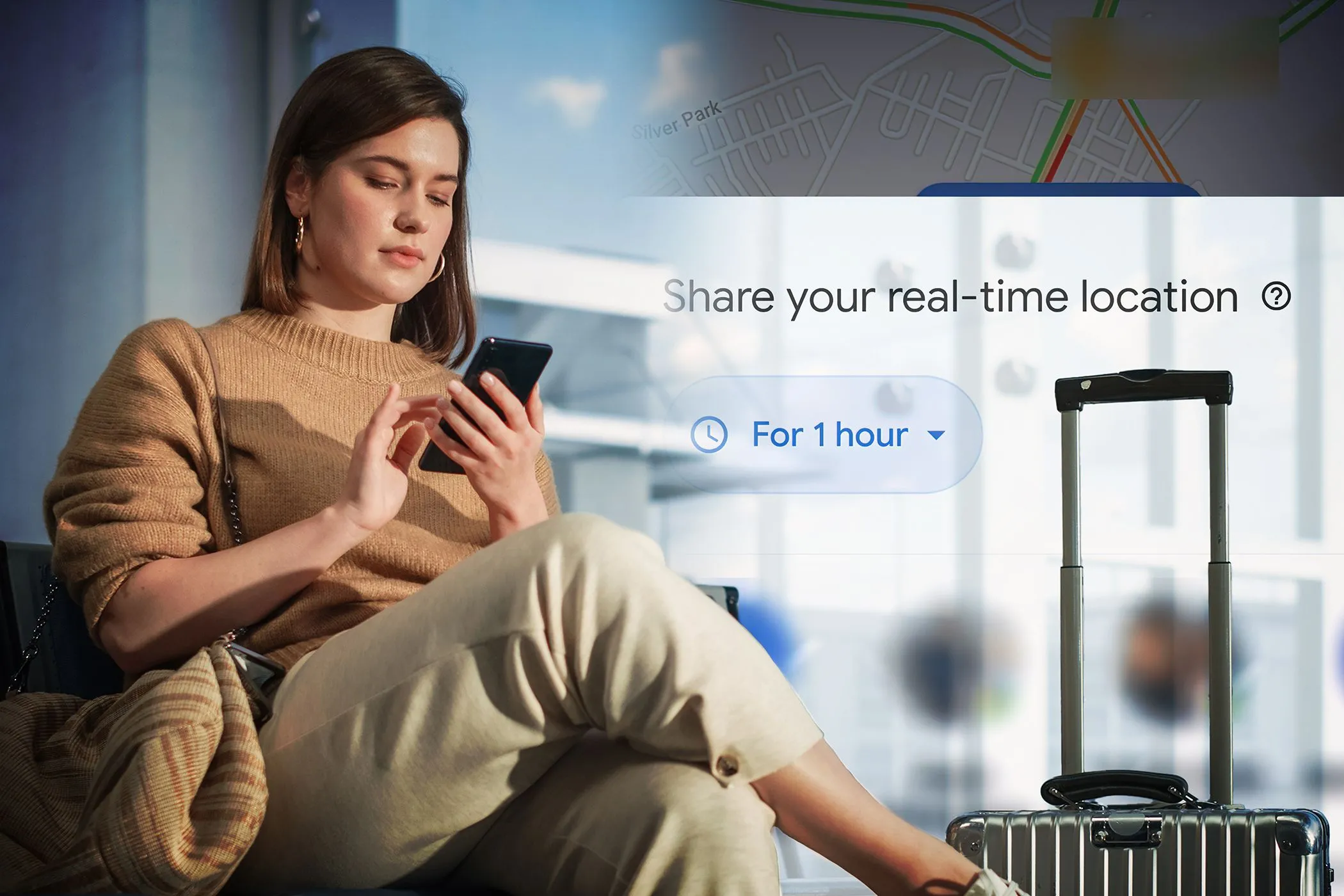 Giao diện chia sẻ vị trí thời gian thực trên điện thoại Android, minh họa tính năng Emergency Sharing giúp người dùng an tâm khi đi du lịch.