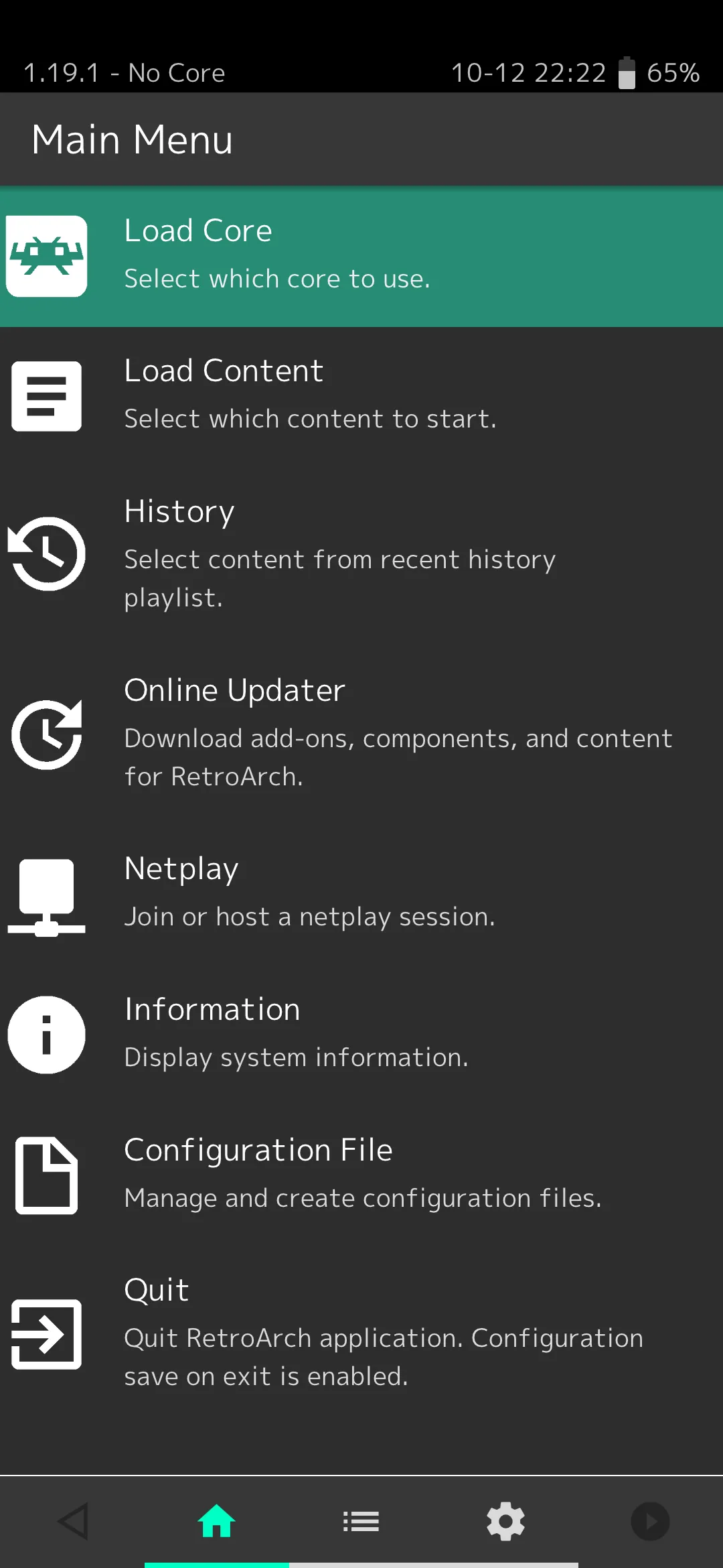 Giao diện chính của RetroArch trên Android