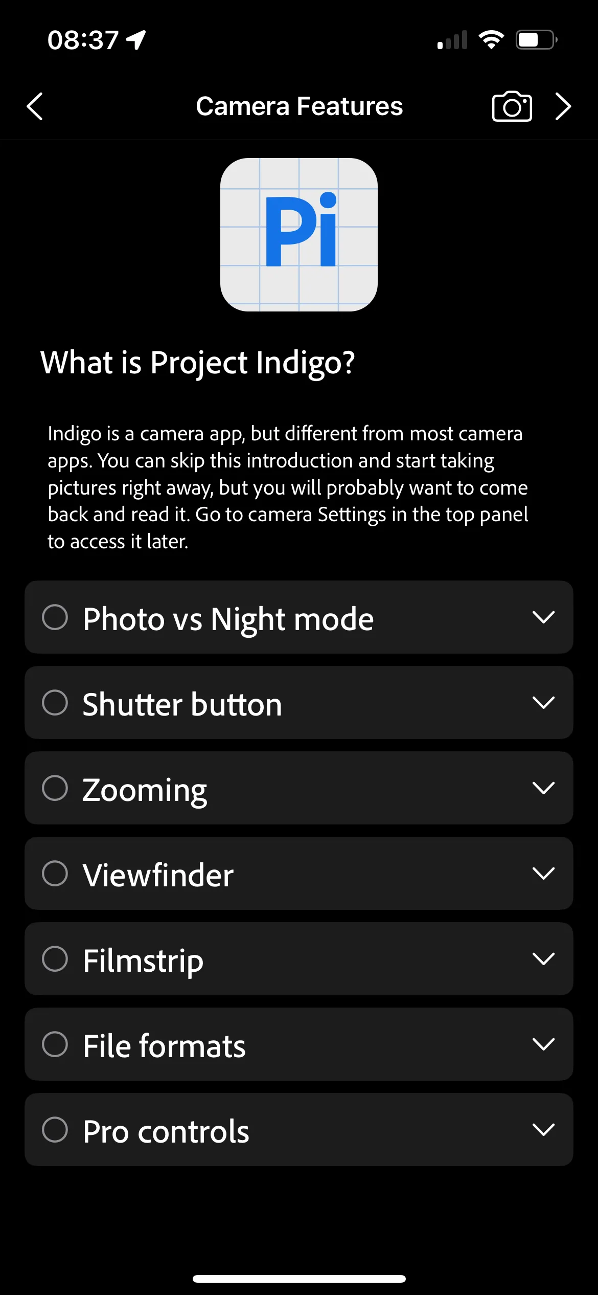 Giao diện chính của ứng dụng Project Indigo, hiển thị thư viện ảnh và tùy chọn cài đặt, cho thấy sự đơn giản và chuyên nghiệp.