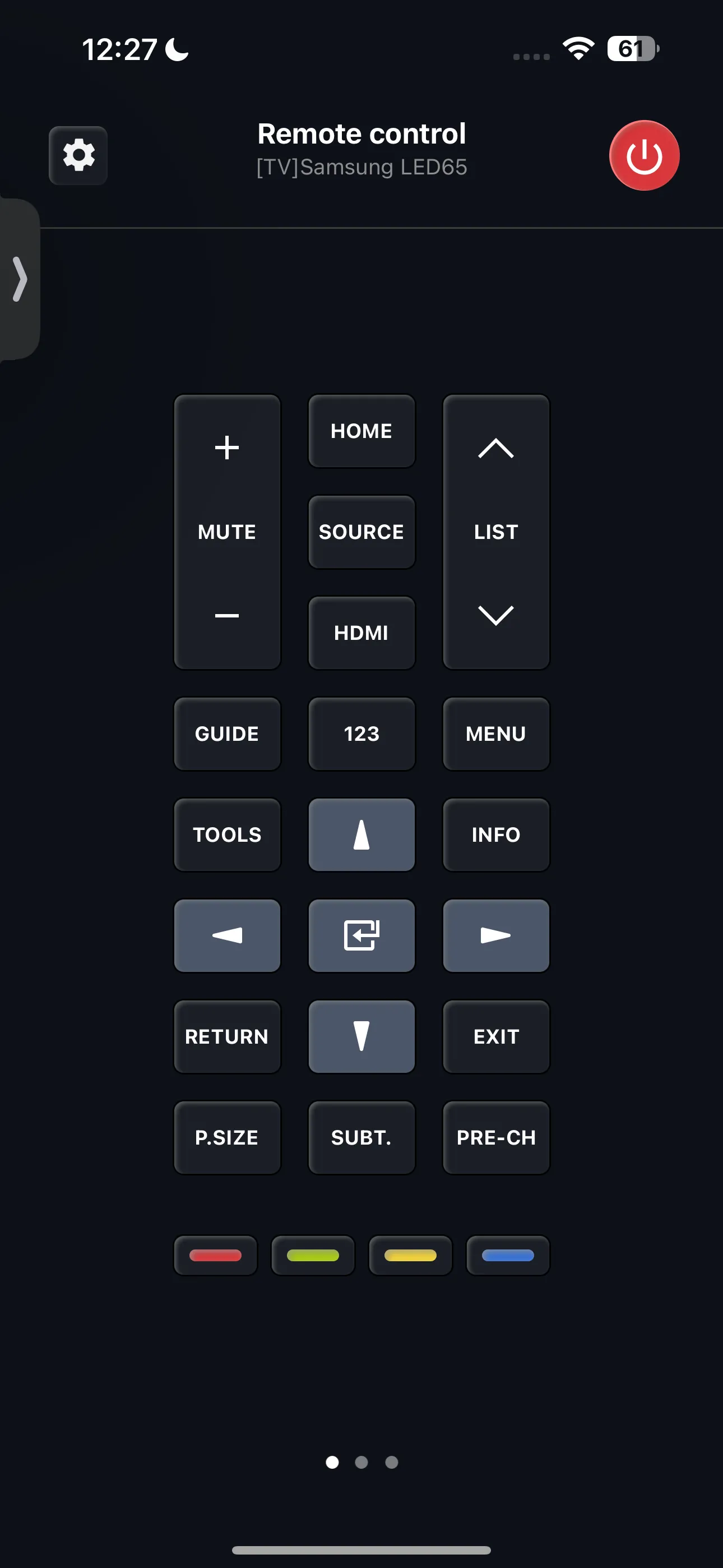 Giao diện chính của ứng dụng Universal TV Remote trên iPhone, hiển thị các nút điều khiển cơ bản cho TV.