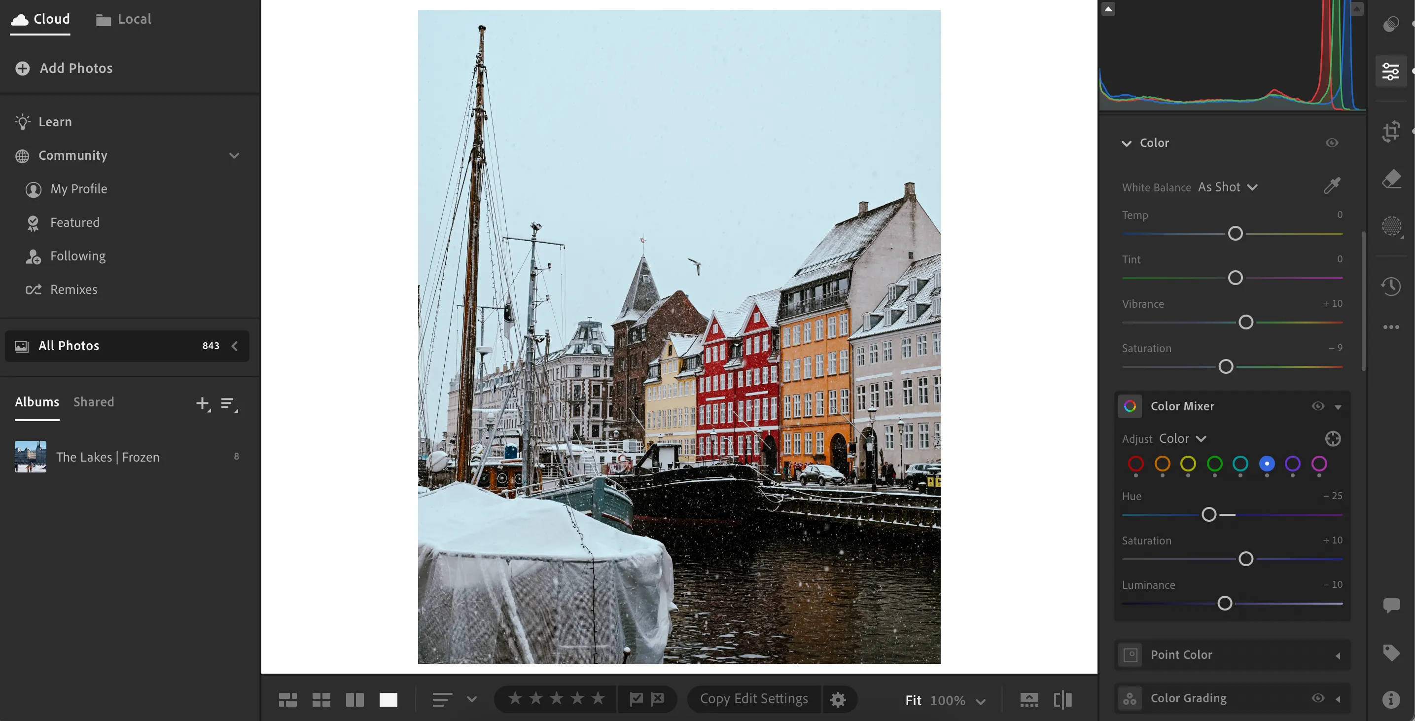 Giao diện chỉnh sửa tệp ảnh JPEG trong Adobe Lightroom, hiển thị các thanh trượt điều chỉnh cơ bản