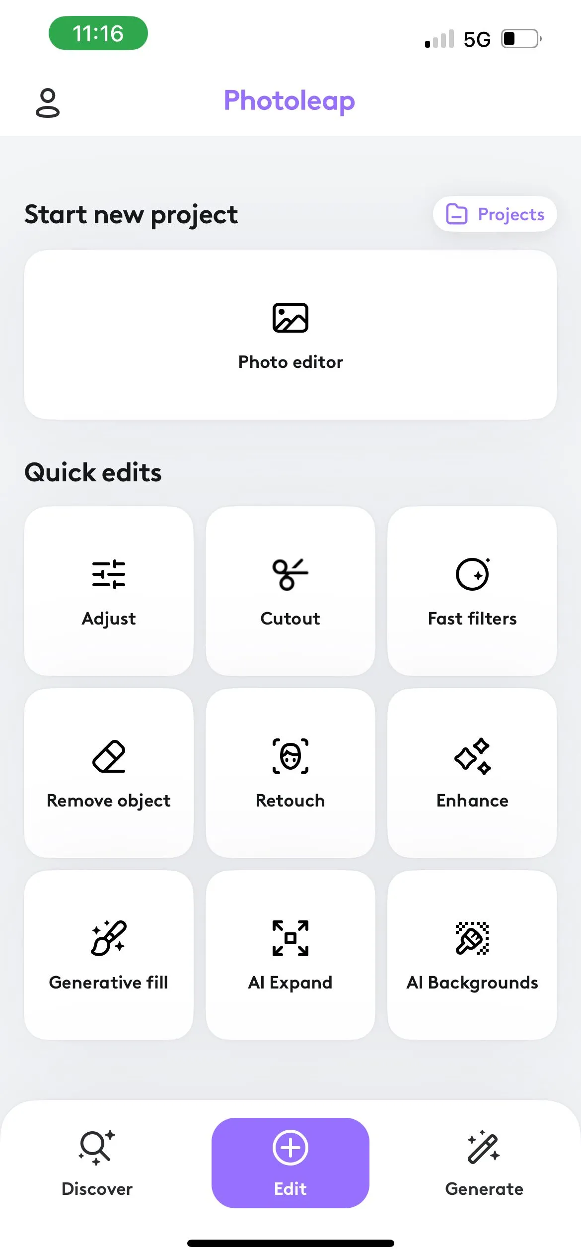 Giao diện chính ứng dụng Photoleap với các mục Khám phá, Chỉnh sửa và Tạo ảnh