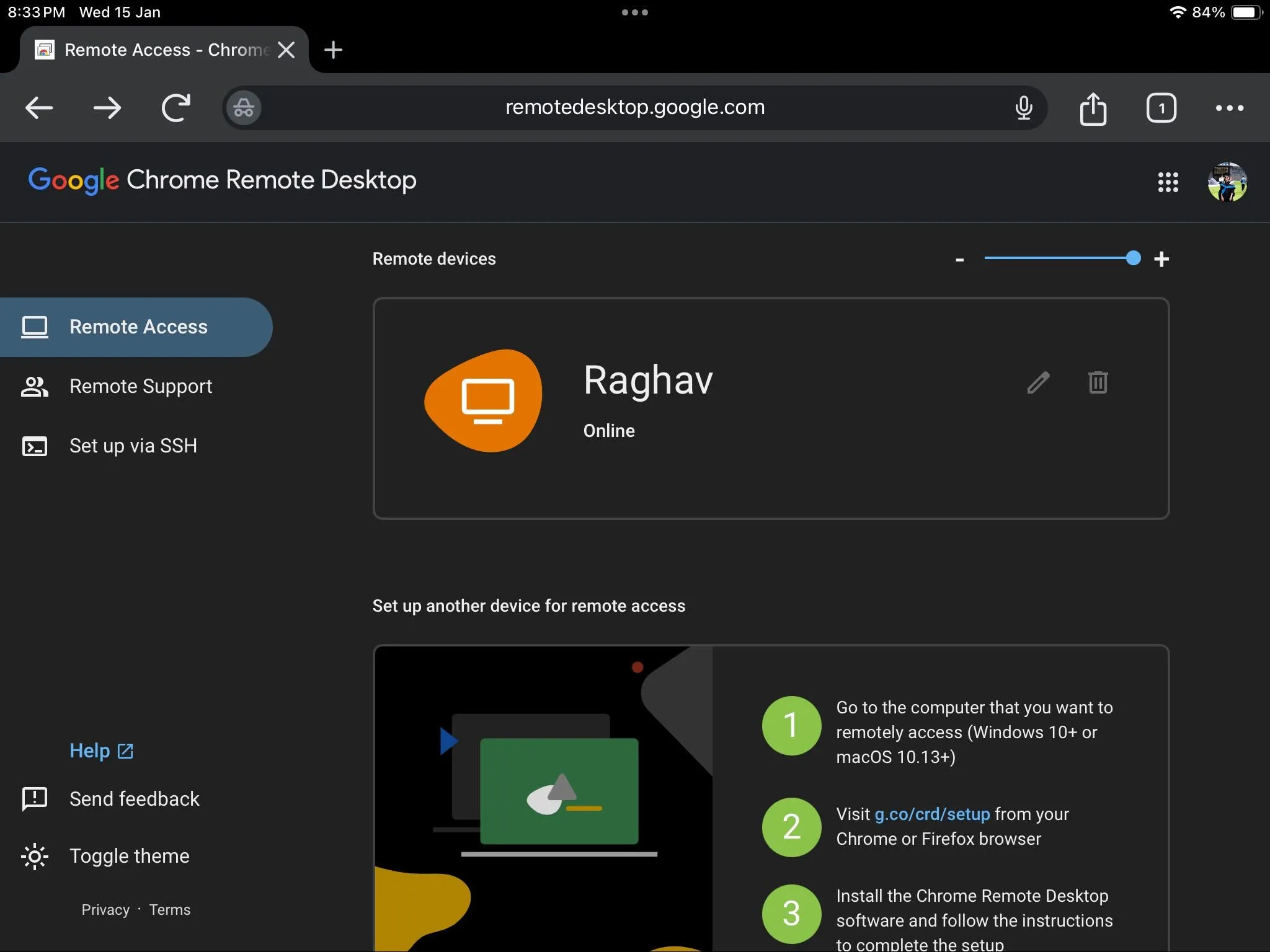 Giao diện Chrome Remote Desktop trên iPad hiển thị danh sách các máy tính có thể truy cập
