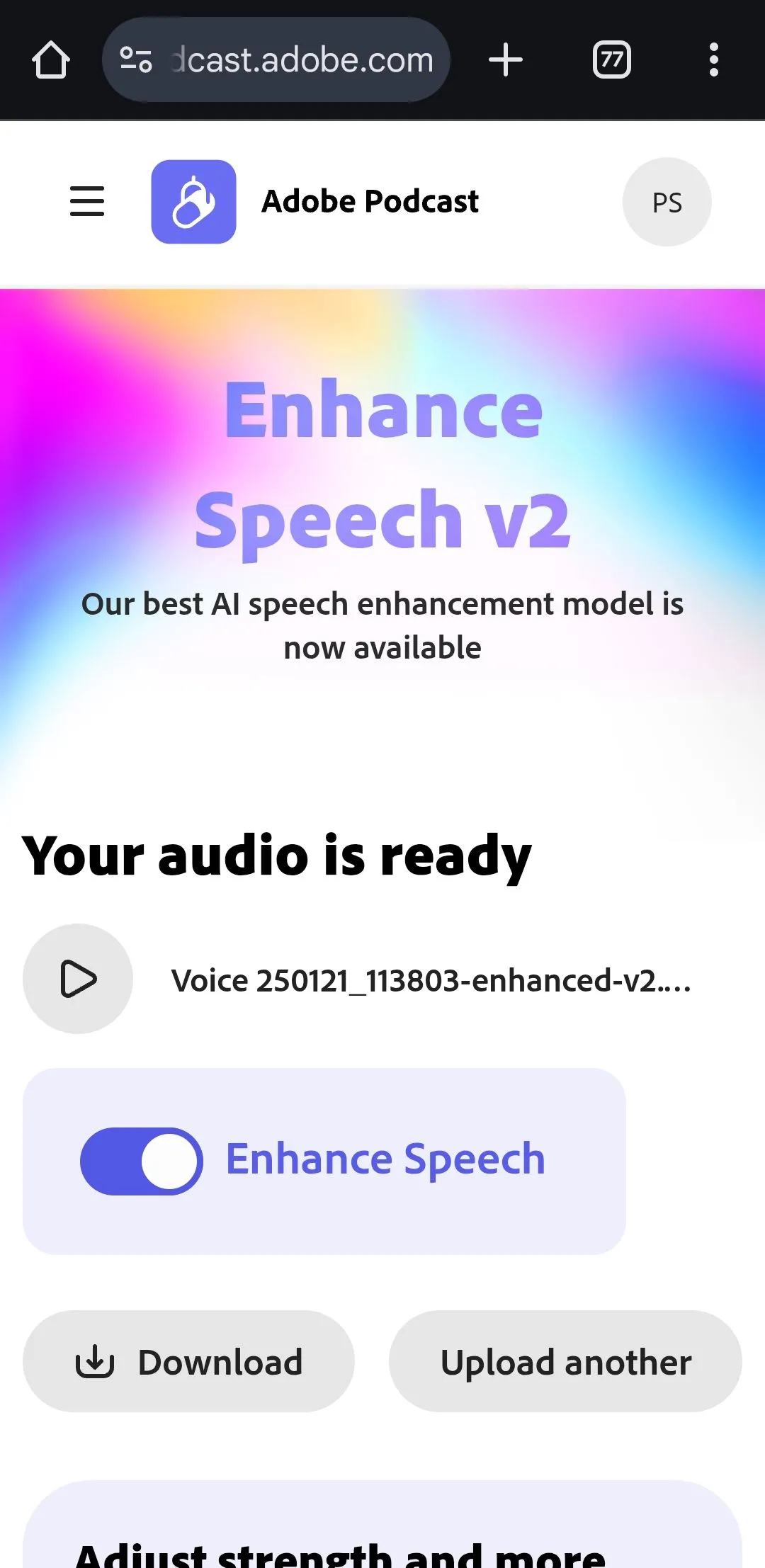 Giao diện công cụ Adobe Enhance Speech giúp loại bỏ tiếng ồn nền và cải thiện độ rõ nét của bản ghi âm