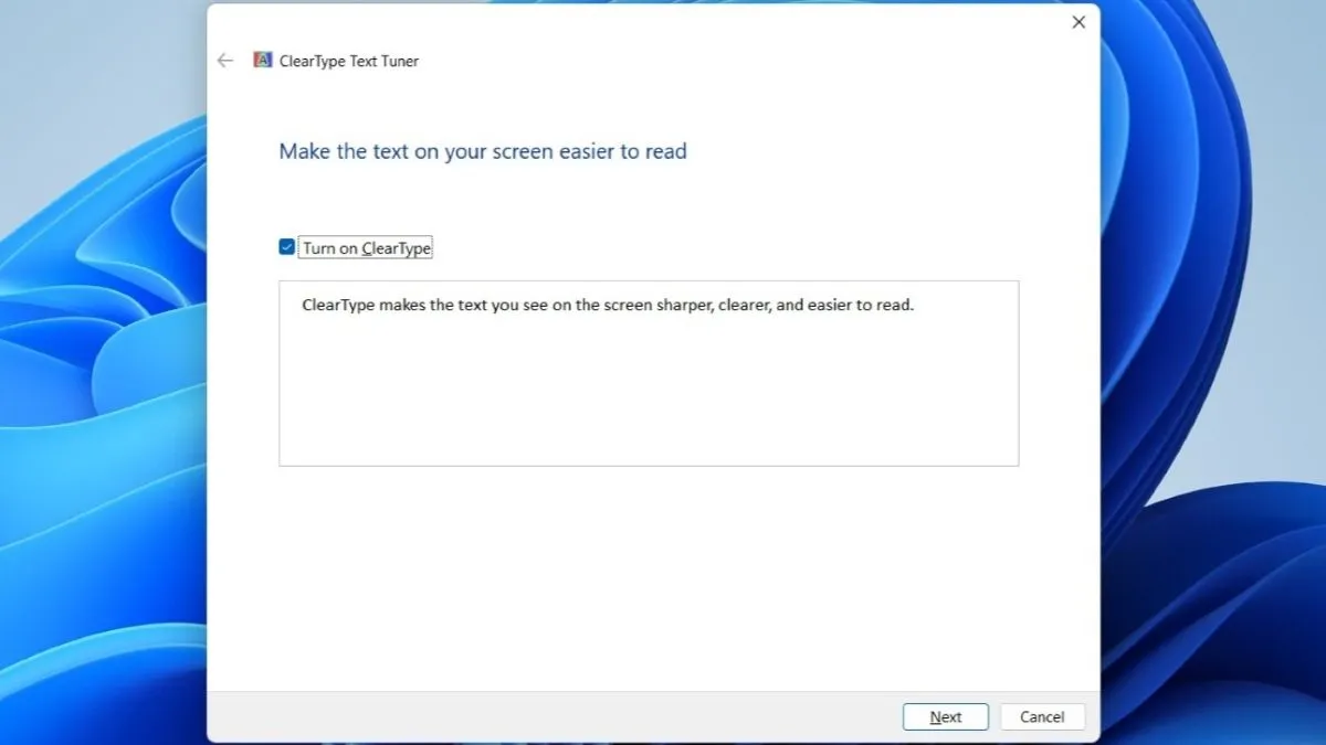 Giao diện công cụ điều chỉnh ClearType Text Tuner trên Windows
