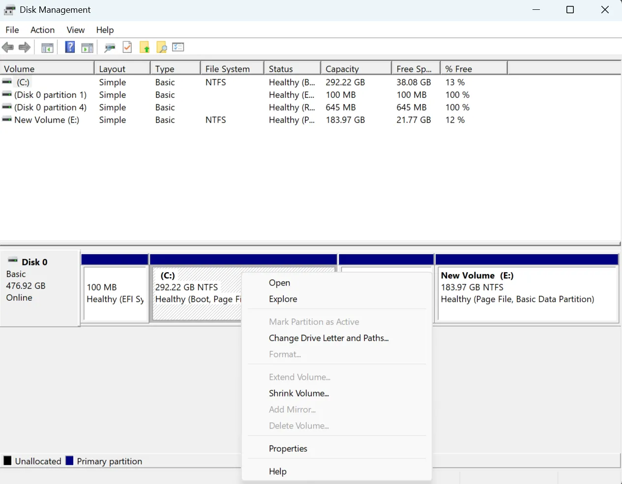 Giao diện công cụ Quản lý Đĩa (Disk Management) trên Windows 11 hiển thị các tùy chọn phân vùng ổ cứng.