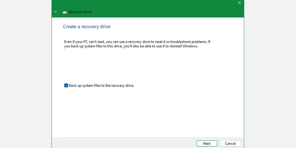Giao diện công cụ tạo ổ đĩa khôi phục Recovery Drive trên Windows 10