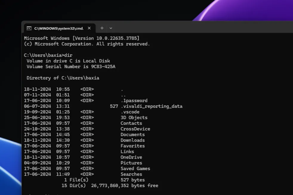 Giao diện cửa sổ Command Prompt (CMD) trên Windows 11, hiển thị dòng lệnh và kết quả
