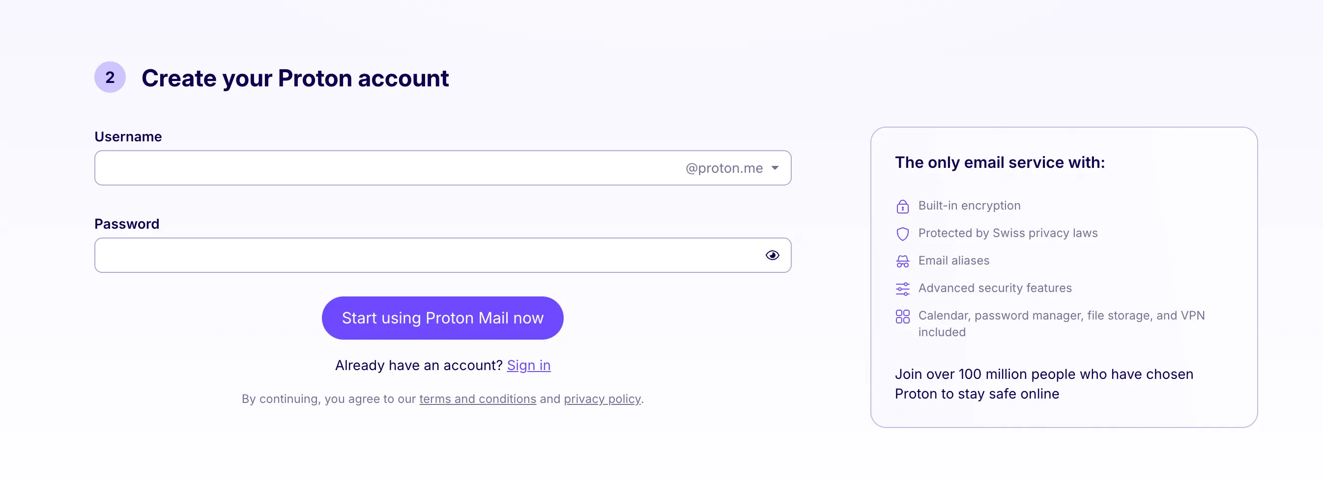 Giao diện đăng ký tài khoản Proton Mail, minh họa sự đơn giản và chú trọng bảo mật