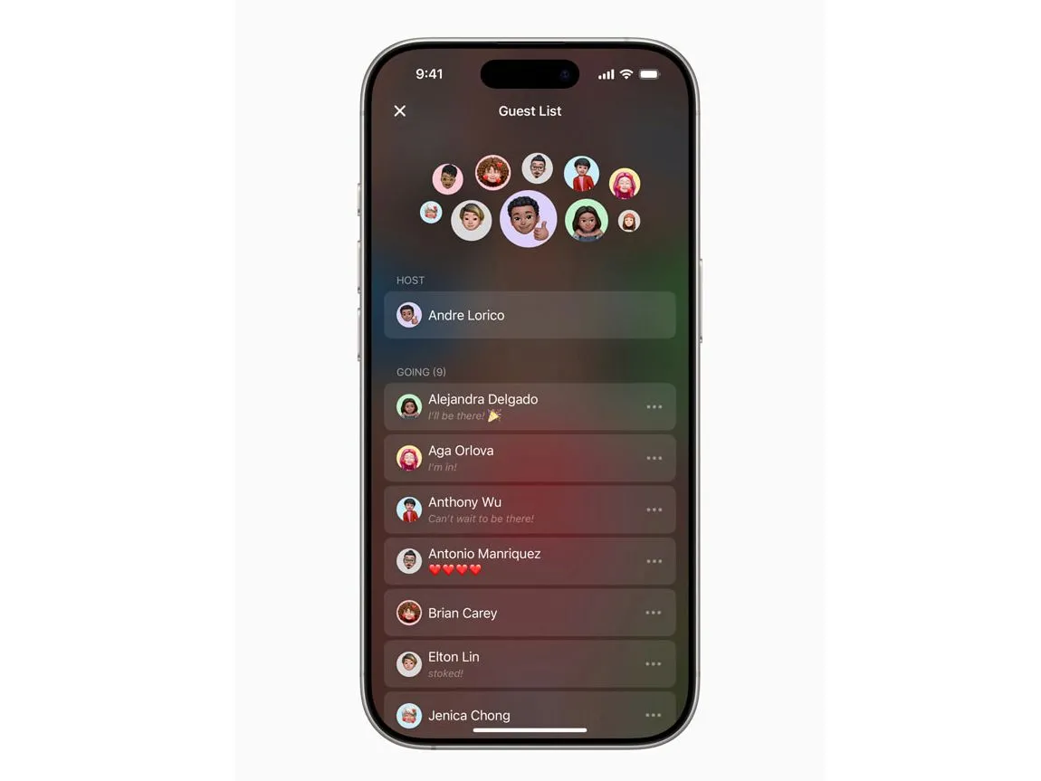 Giao diện danh sách khách mời của ứng dụng Apple Invites, minh họa tính năng quản lý sự kiện.