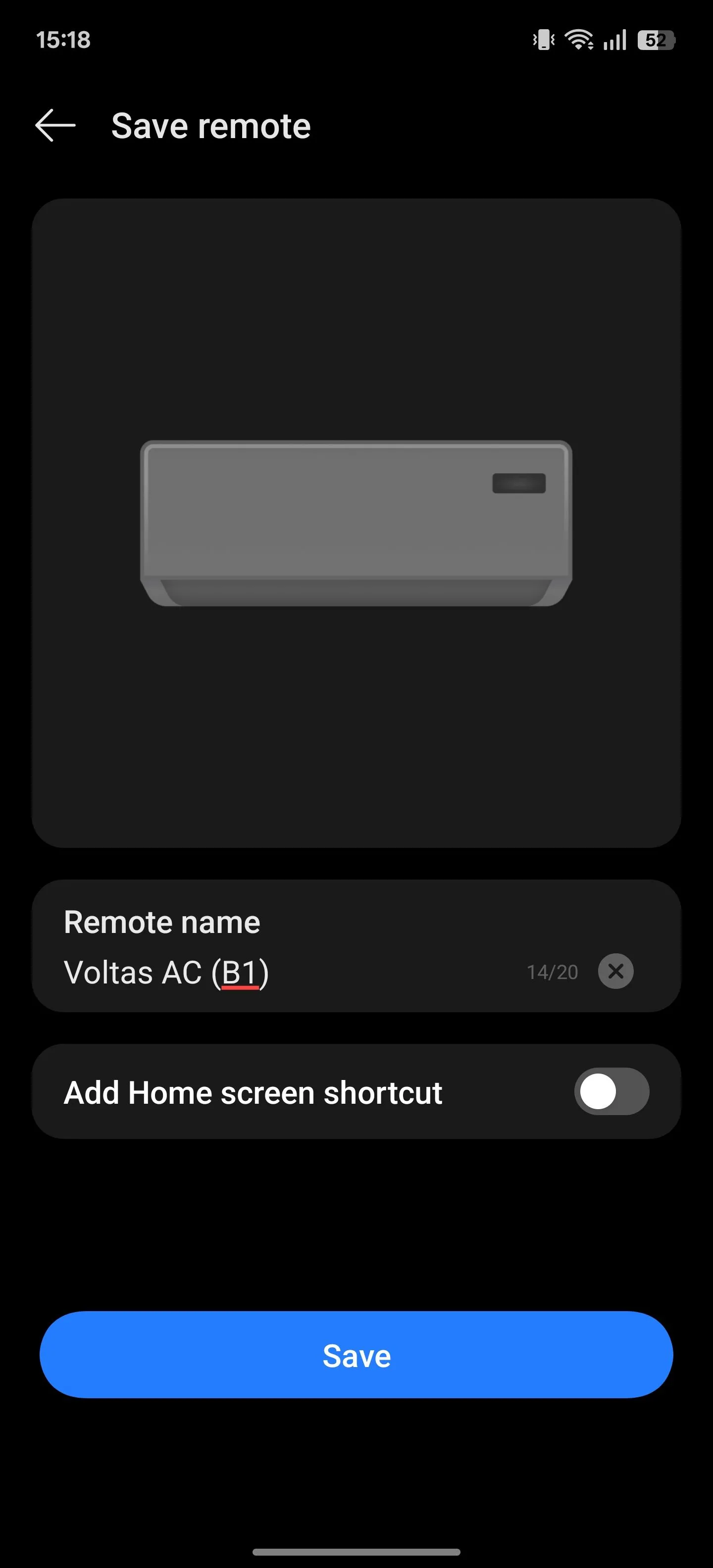 Giao diện đặt tên cho điều khiển từ xa trong ứng dụng IR Remote, giúp người dùng dễ dàng quản lý.
