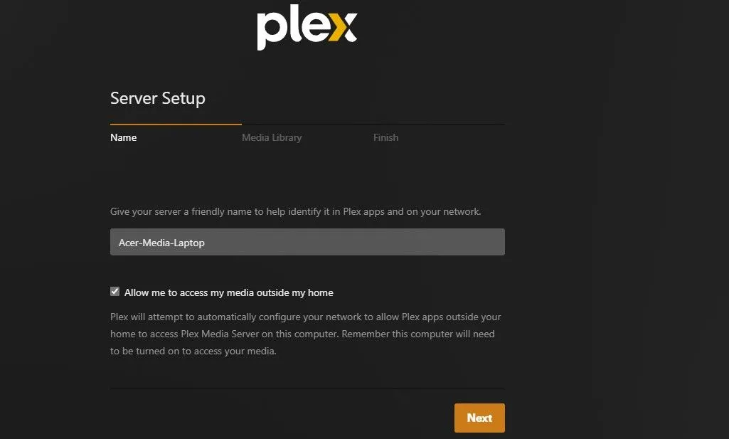 Giao diện đặt tên cho máy chủ Plex mới
