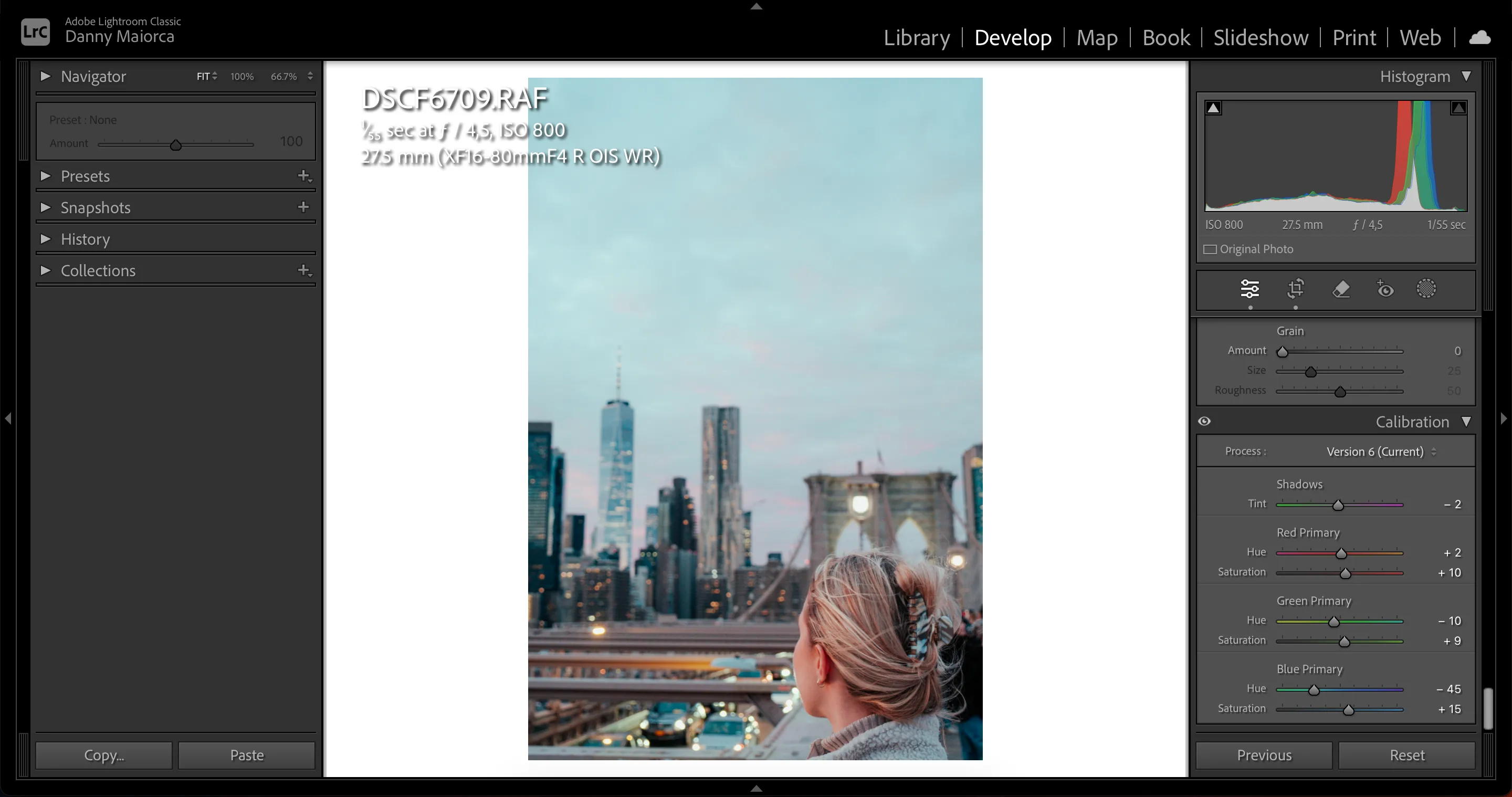 Giao diện điều khiển công cụ Calibration trong Lightroom Classic, cho phép hiệu chỉnh màu sắc cơ bản