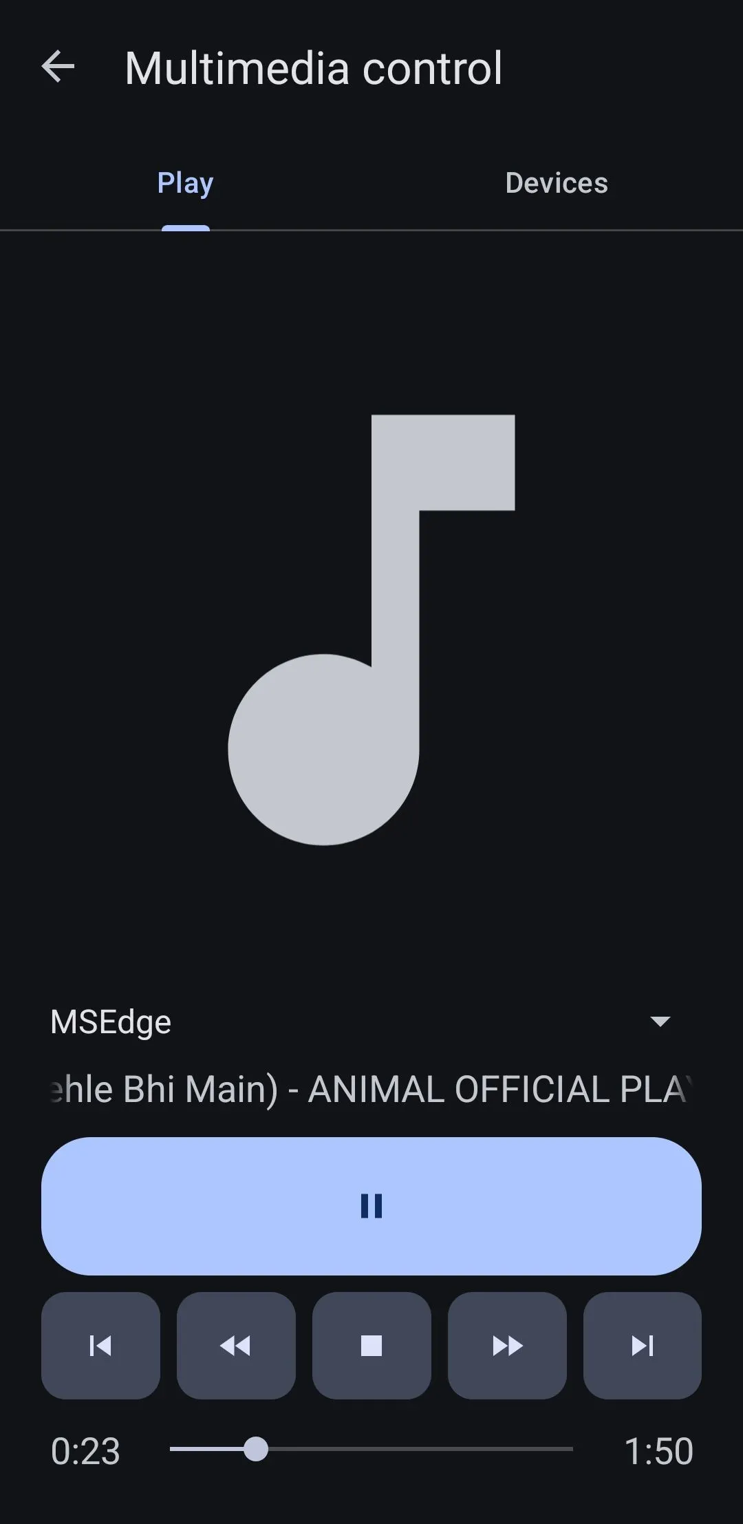 Giao diện điều khiển đa phương tiện trên ứng dụng KDE Connect cho Android