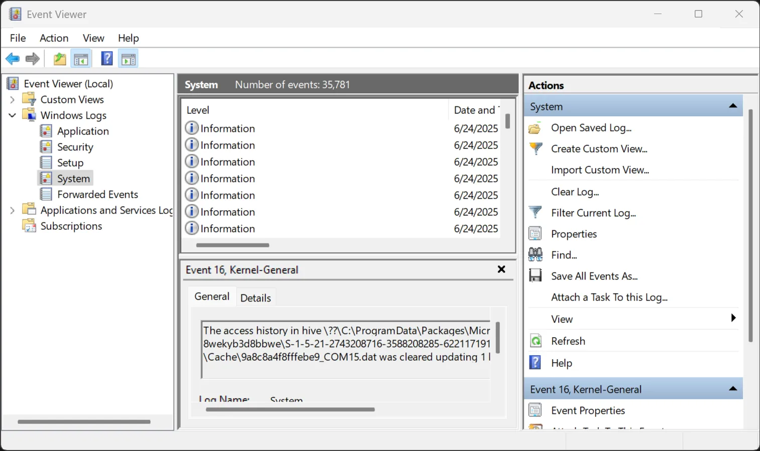 Giao diện Event Viewer của Windows hiển thị thuộc tính S.M.A.R.T. và cảnh báo liên quan đến ổ cứng