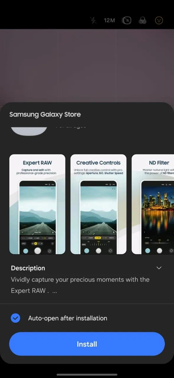 Giao diện Galaxy Store hiển thị ứng dụng Chuyên gia RAW (Expert RAW) để tải về, cho phép chụp ảnh định dạng RAW trên điện thoại Samsung