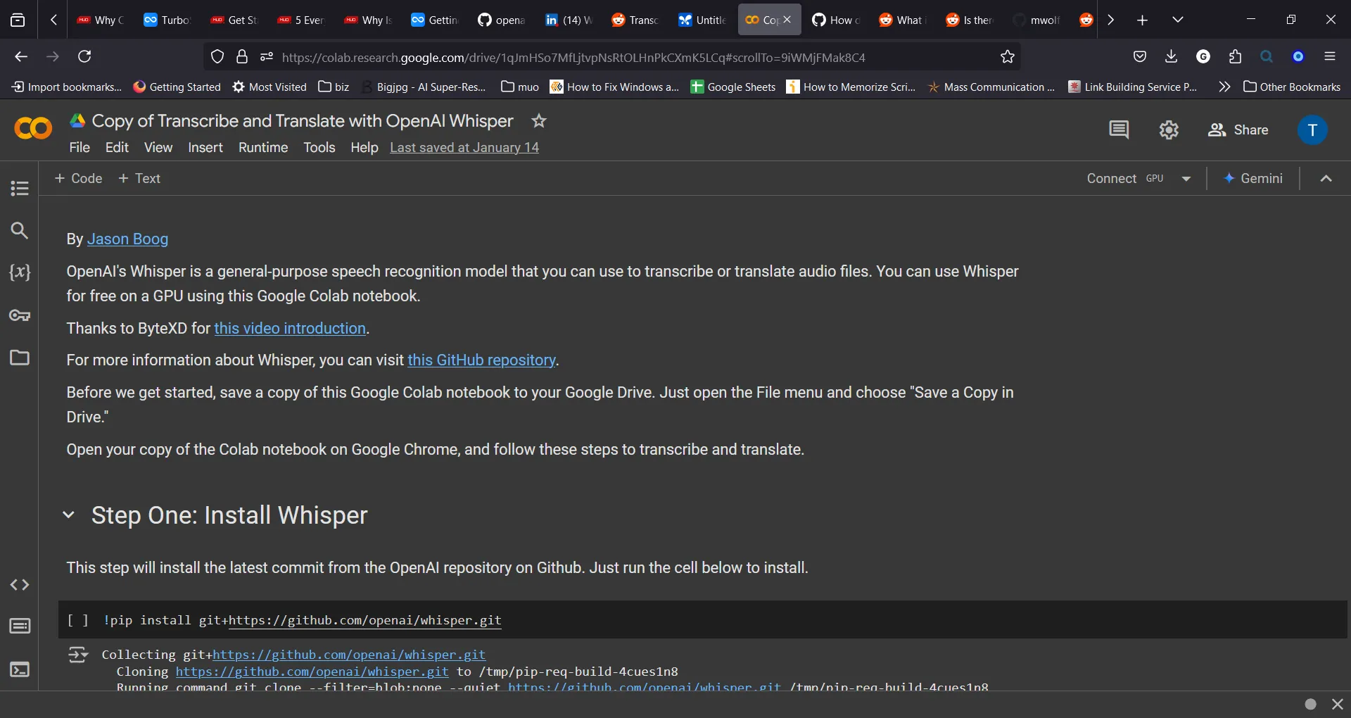 Giao diện Google Colab minh họa quy trình chuyển đổi âm thanh với OpenAI Whisper, giúp tạo bản ghi hiệu quả