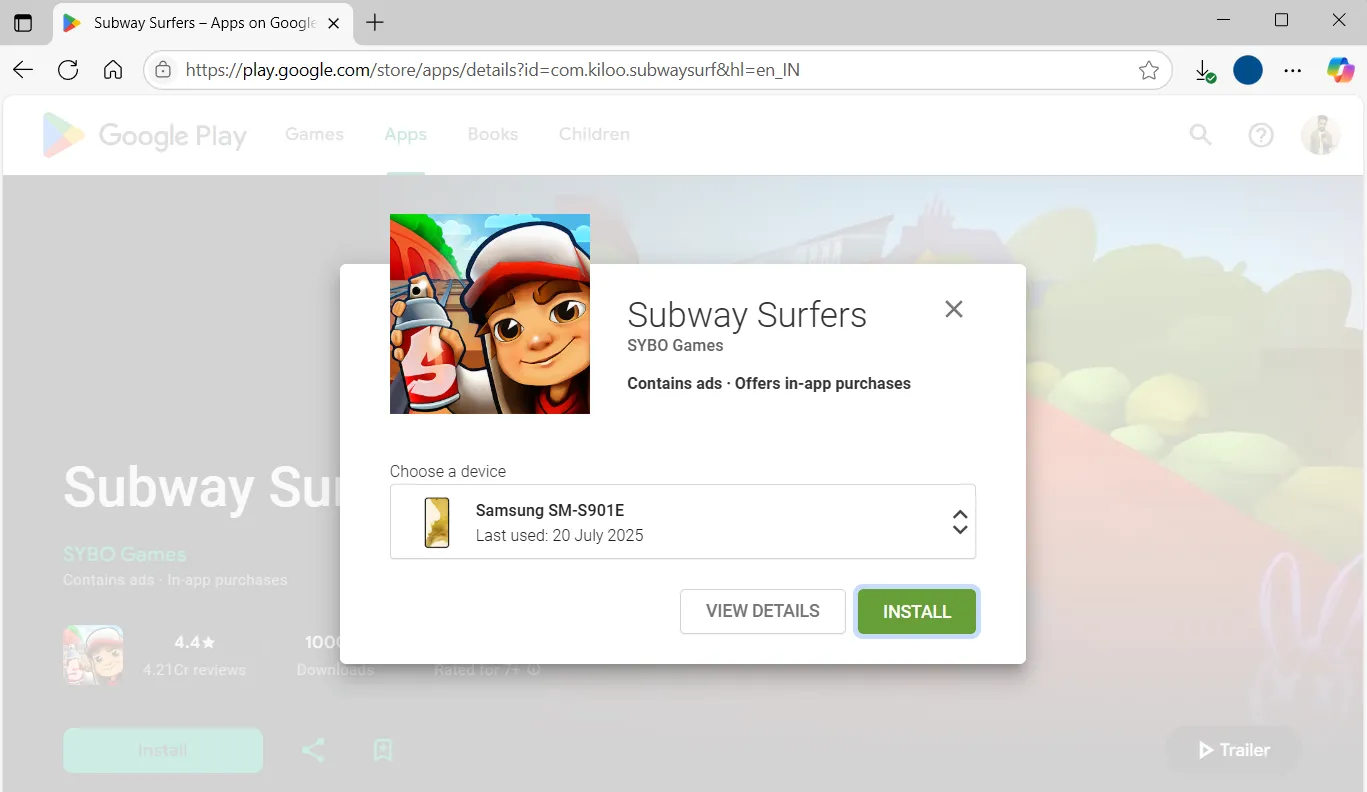 Giao diện Google Play Store trên trình duyệt web, hiển thị tùy chọn cài đặt game từ xa lên điện thoại Android.