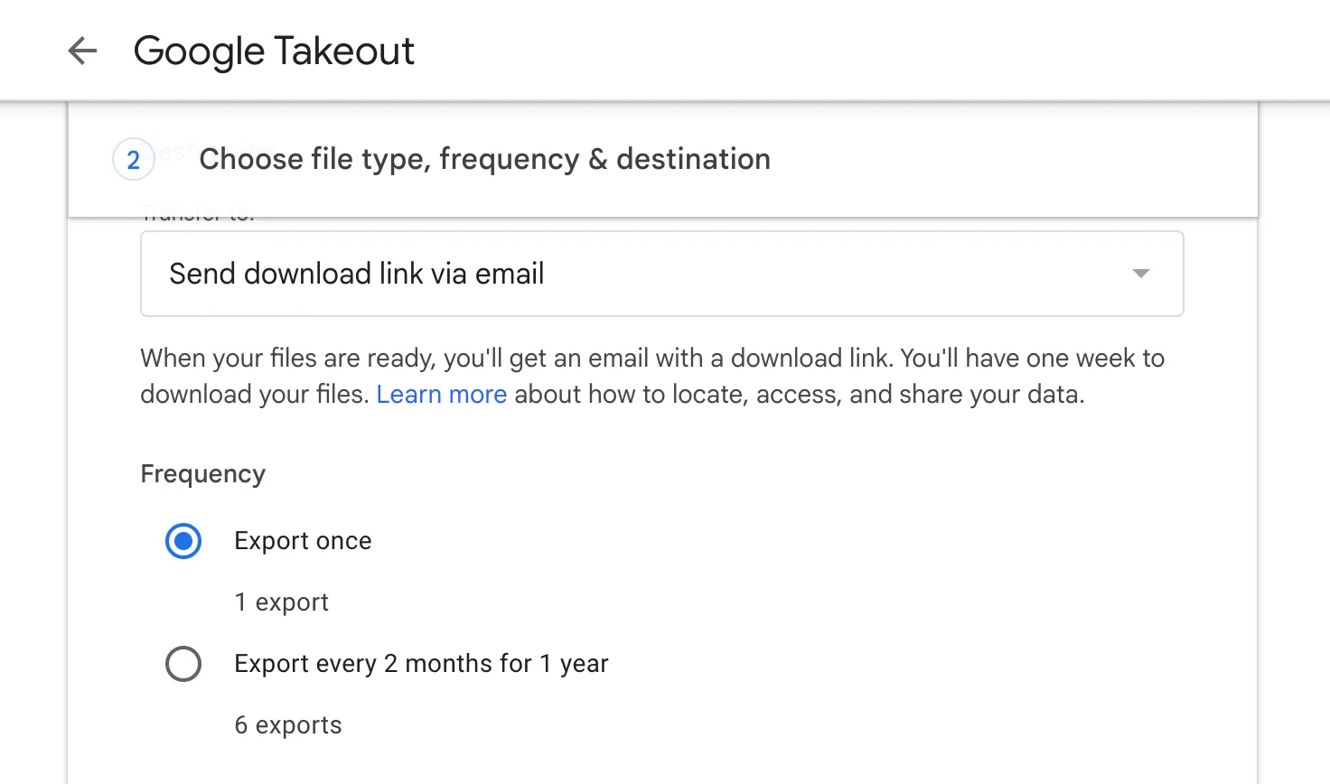 Giao diện Google Takeout cho phép người dùng xuất dữ liệu email Gmail