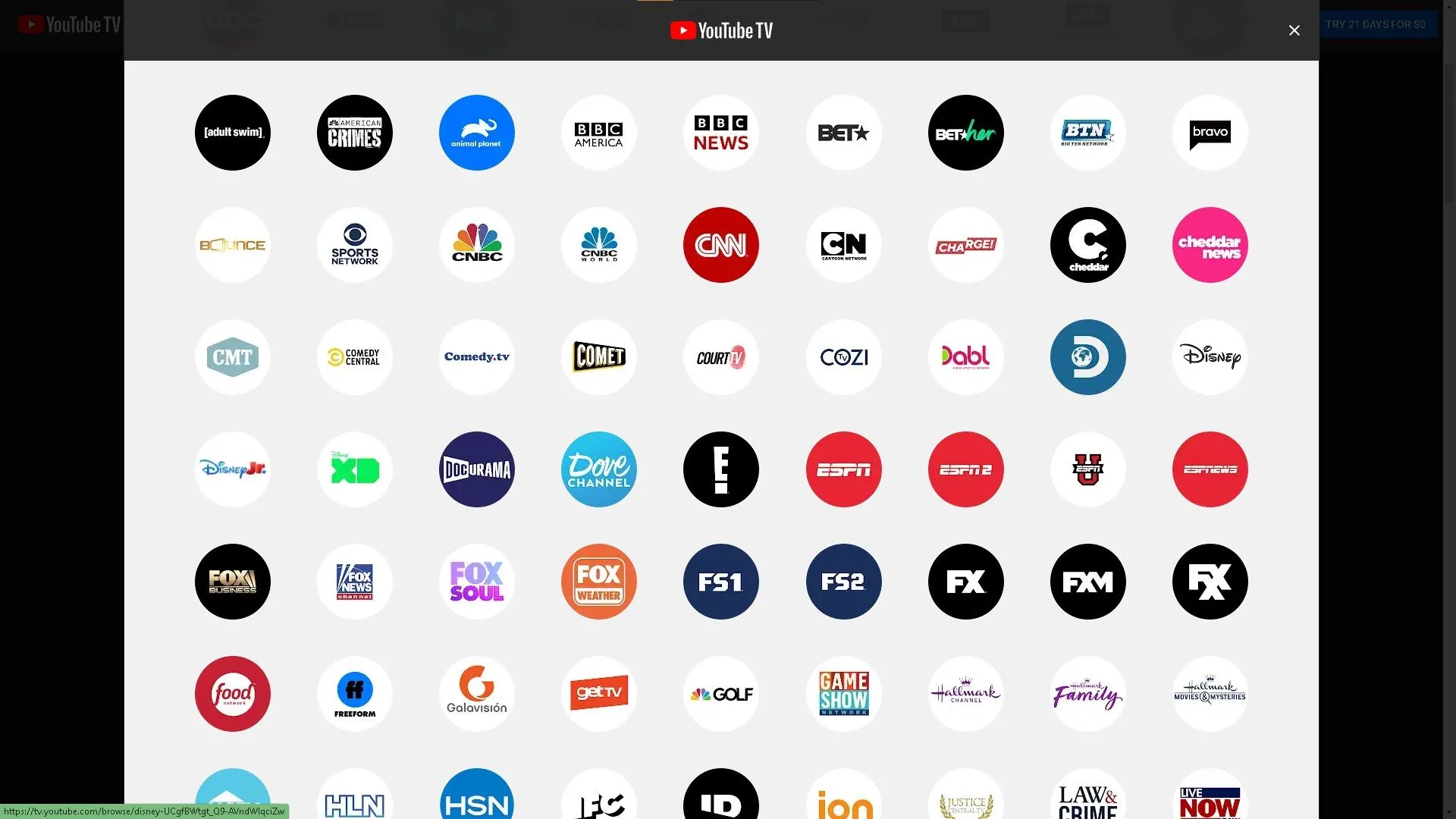 Giao diện hiển thị danh sách kênh truyền hình trực tiếp trên YouTube TV.