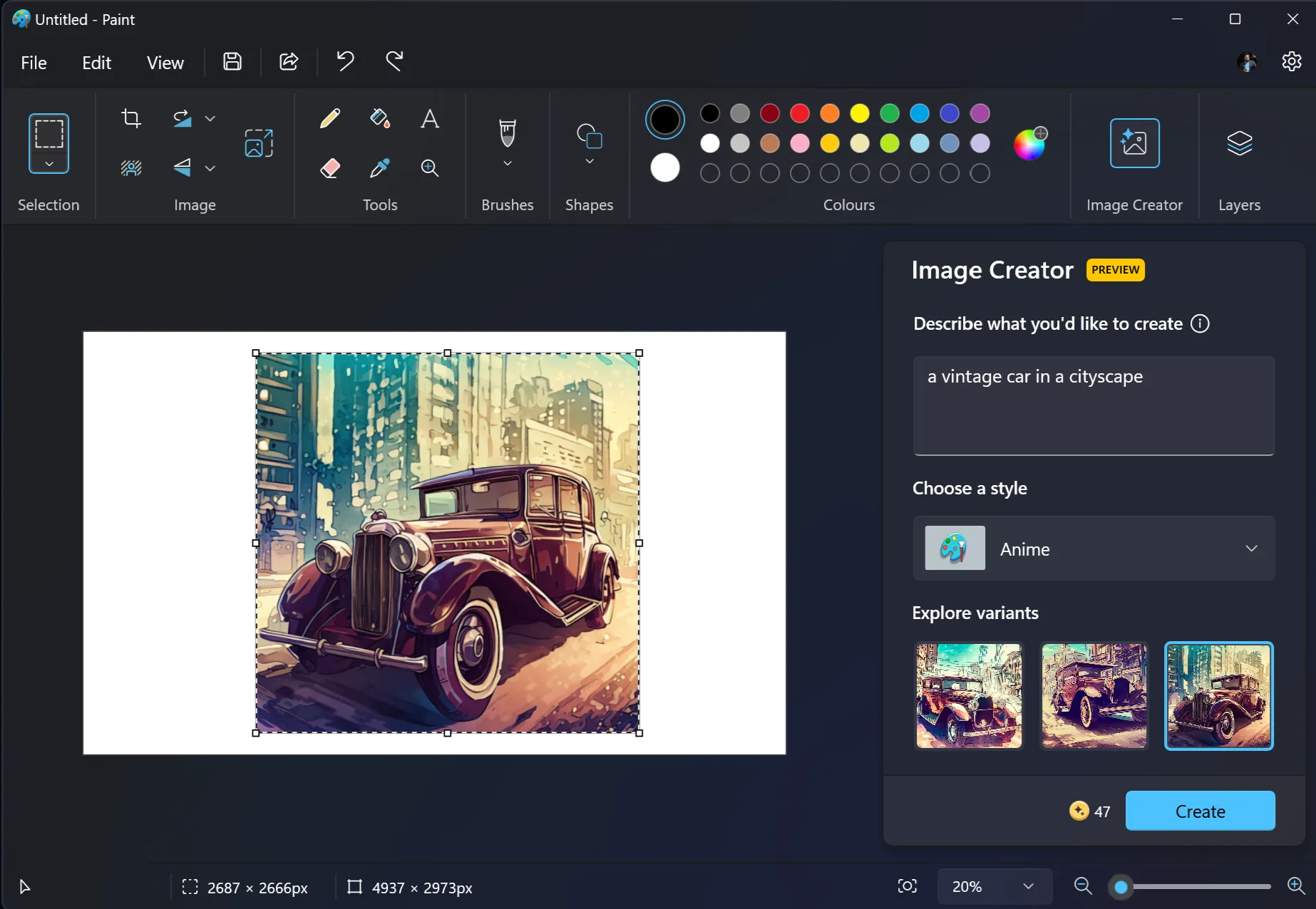 Giao diện Image Creator của AI trong Microsoft Paint trên Windows 11
