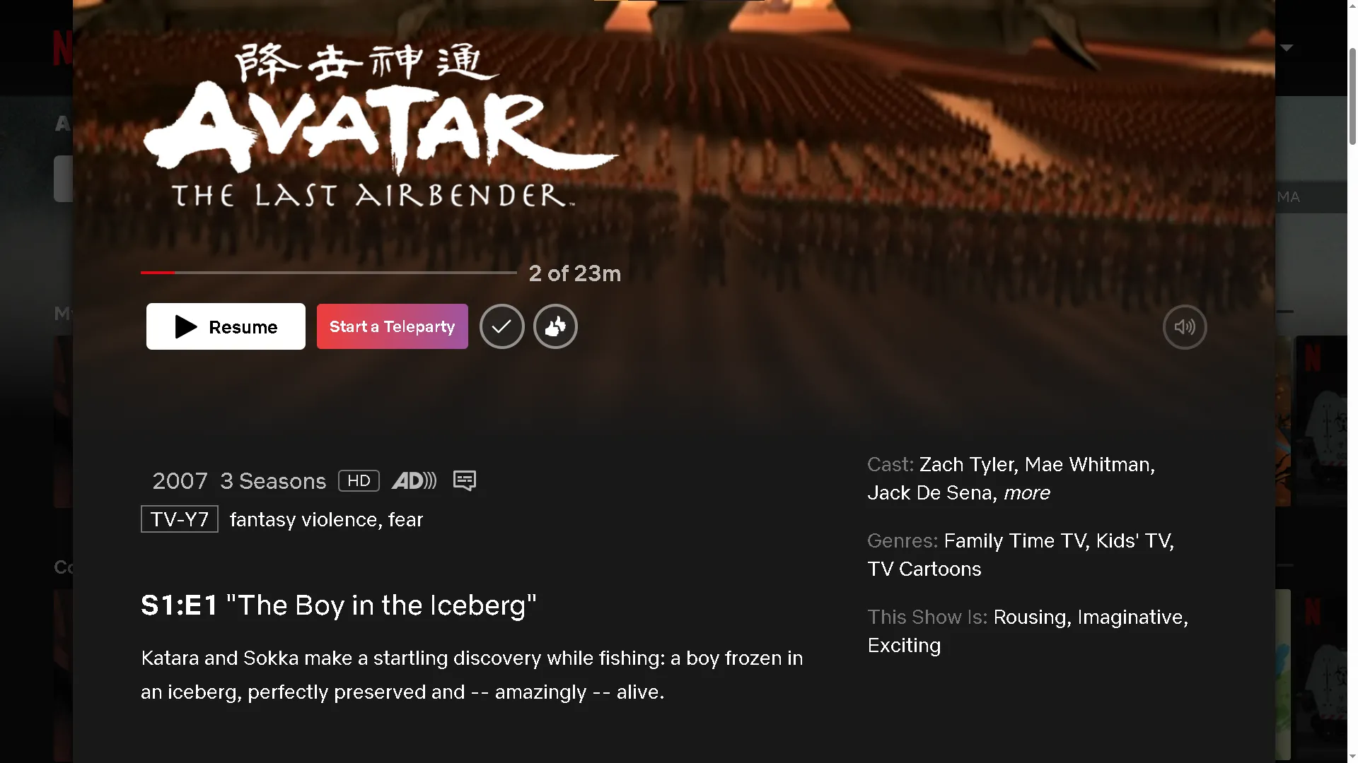 Giao diện khởi tạo buổi xem chung Teleparty trên Netflix với bộ phim Avatar The Last Airbender