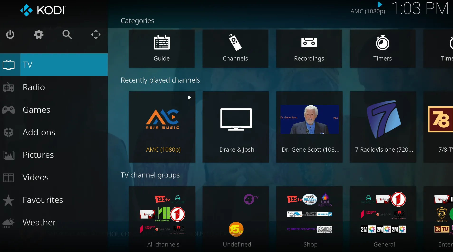 Giao diện Kodi với tính năng xem truyền hình IPTV, mở rộng lựa chọn giải trí.