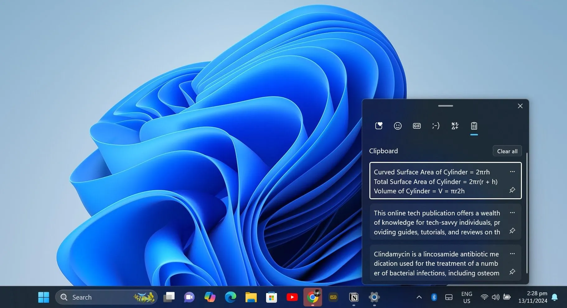 Giao diện Lịch sử Clipboard Windows (Windows Key + V) hiển thị các mục văn bản, hình ảnh đã sao chép gần đây, giúp truy cập nhanh để dán lại.