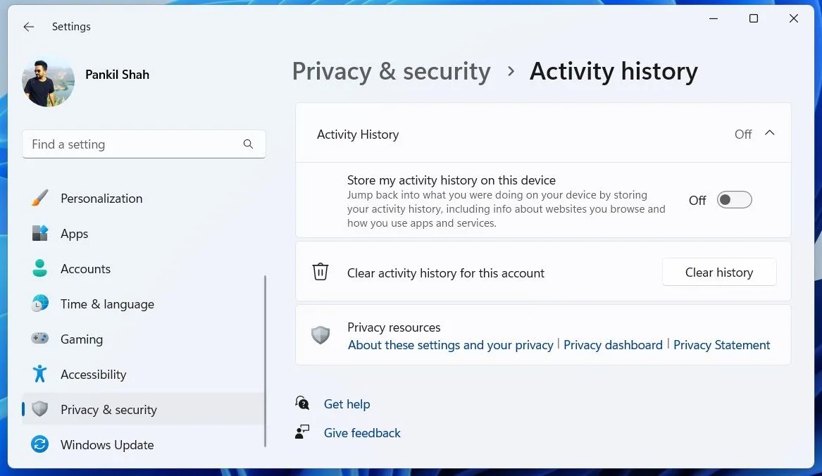 Giao diện Lịch sử hoạt động trong ứng dụng Cài đặt Windows 11