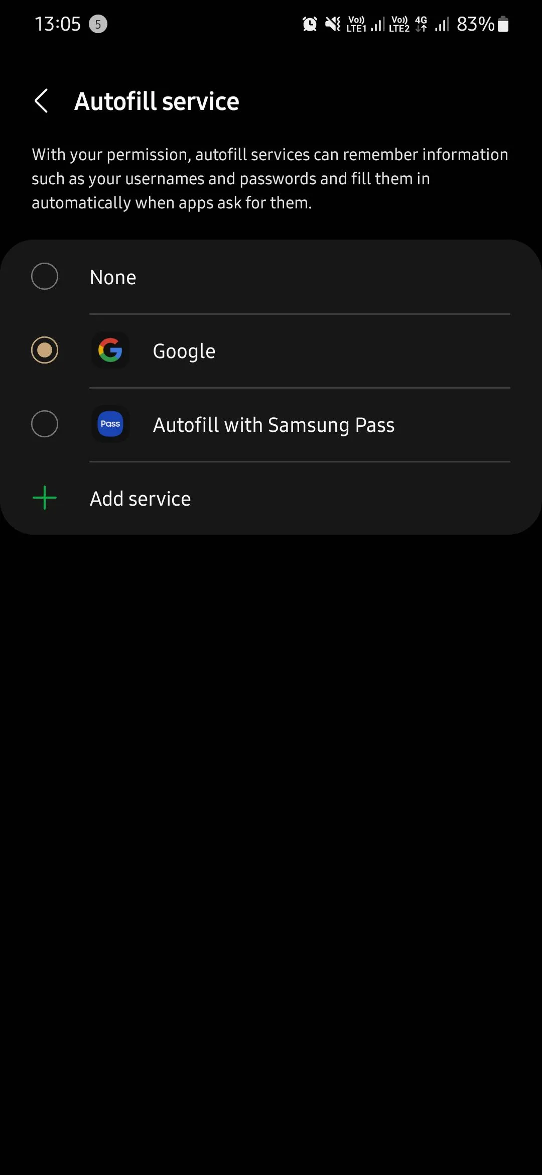 Giao diện lựa chọn dịch vụ tự động điền trên Samsung, hiển thị tùy chọn Google làm trình quản lý mật khẩu mặc định