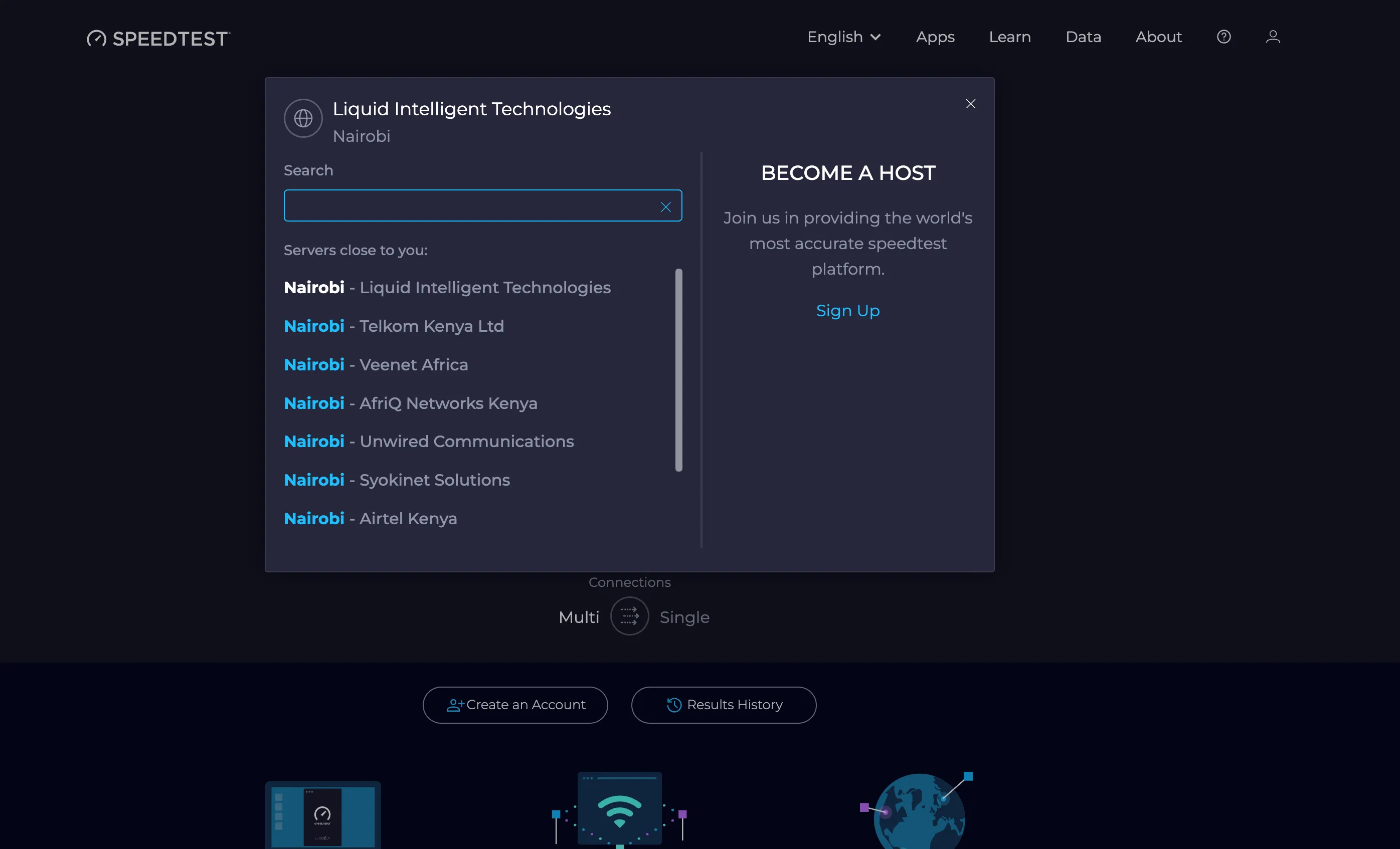 Giao diện lựa chọn máy chủ kiểm tra tốc độ trong Ookla Speedtest, minh họa tầm quan trọng của việc chọn server gần nhất để có kết quả chính xác.