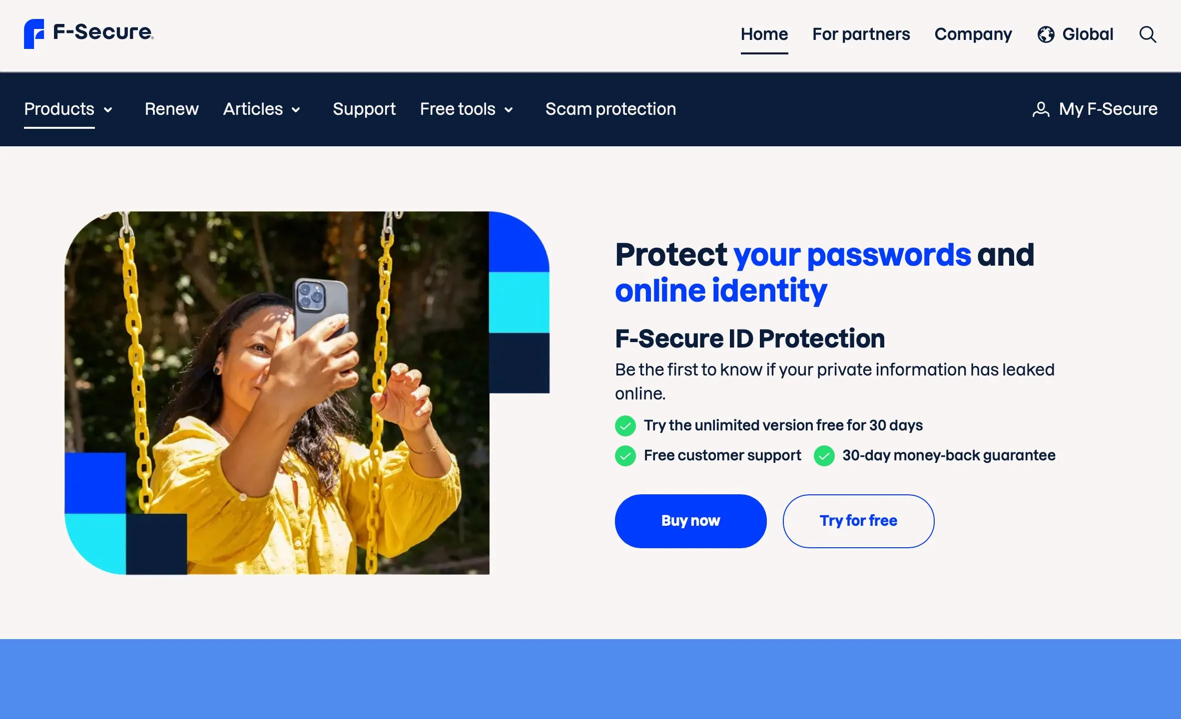 Giao diện màn hình chính của dịch vụ F-Secure ID Protection hiển thị các tính năng giám sát và bảo vệ danh tính.