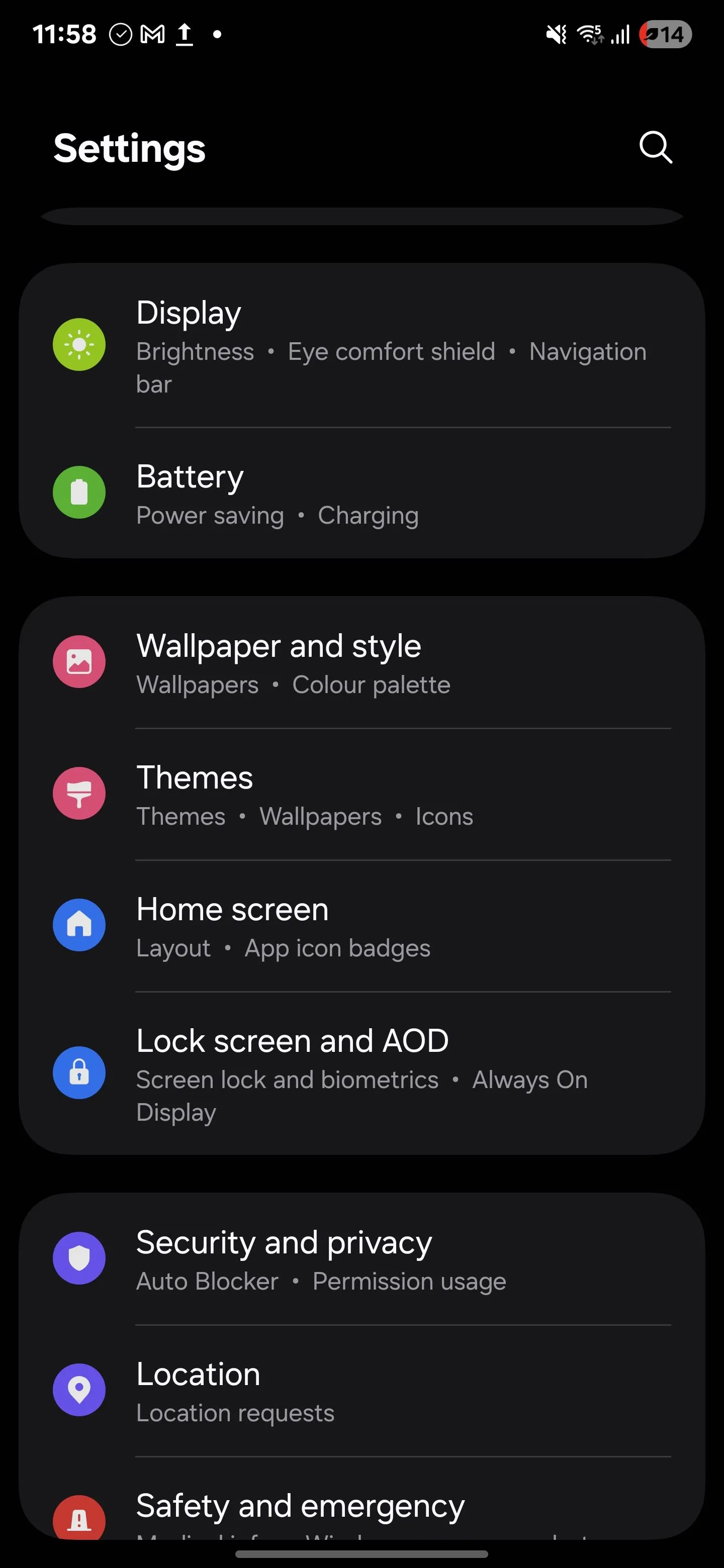 Giao diện menu Cài đặt trên Samsung S25 Ultra