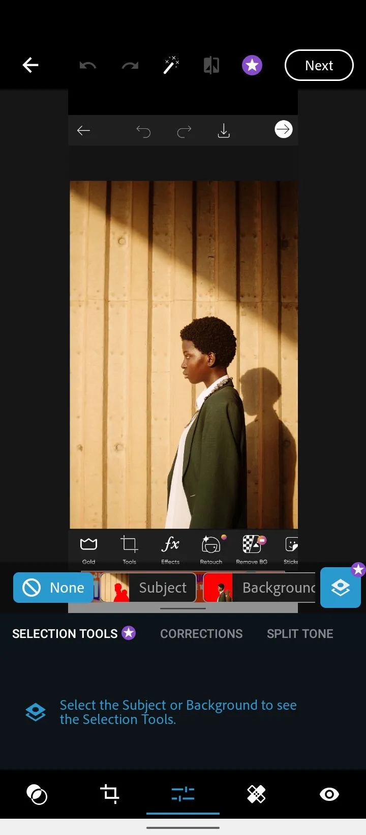 Giao diện menu chỉnh sửa của Adobe Photoshop Express hiển thị các tùy chọn và công cụ