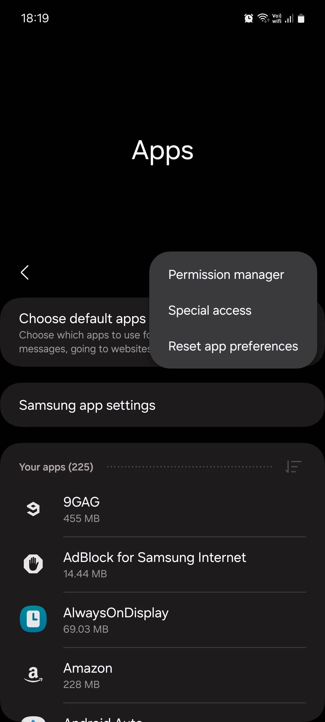 Giao diện menu Ứng dụng (Apps) trên Samsung Galaxy One UI, hiển thị tùy chọn quản lý quyền ứng dụng