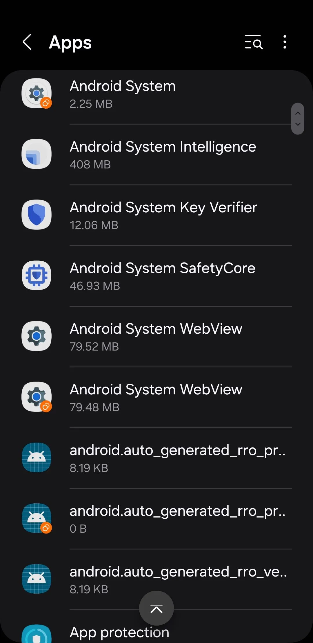Giao diện menu Ứng dụng trên điện thoại Android, nơi người dùng có thể tìm thấy và quản lý các ứng dụng hệ thống