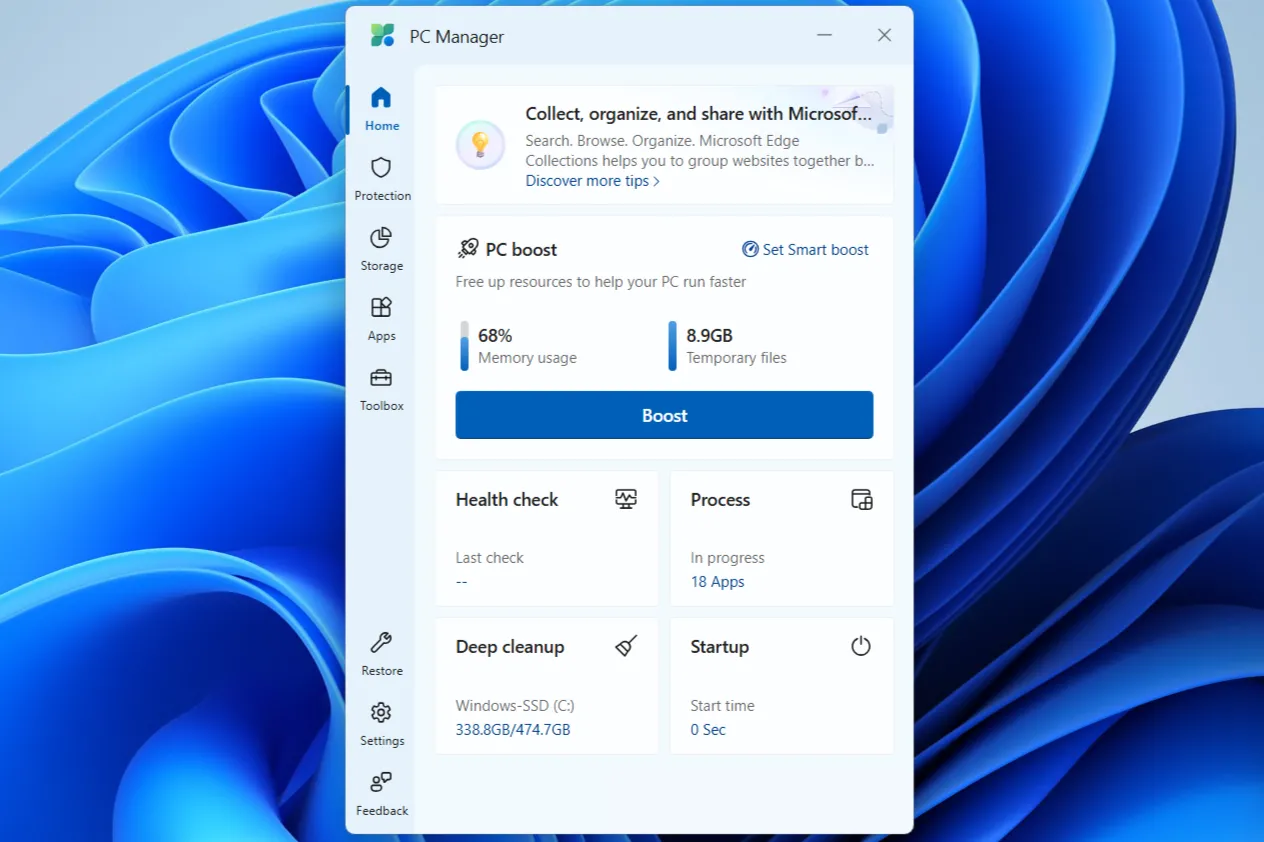 Giao diện Microsoft PC Manager với tính năng PC Boost giúp tối ưu hóa hiệu suất RAM