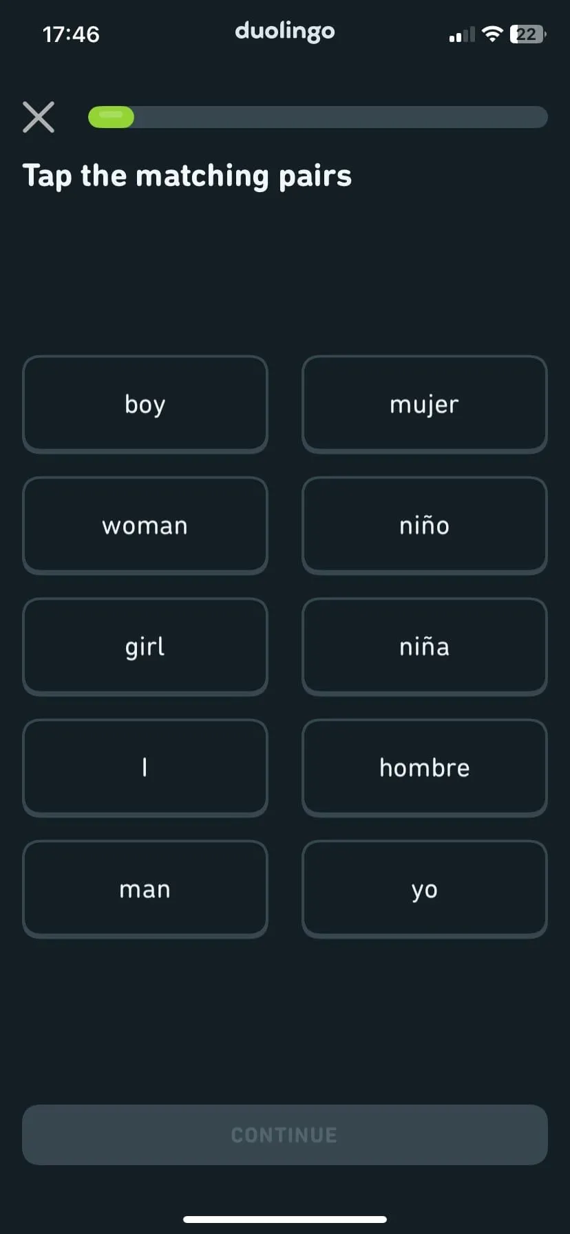 Giao diện một bài học tiếng Anh trên Duolingo, minh họa phương pháp học tương tác.