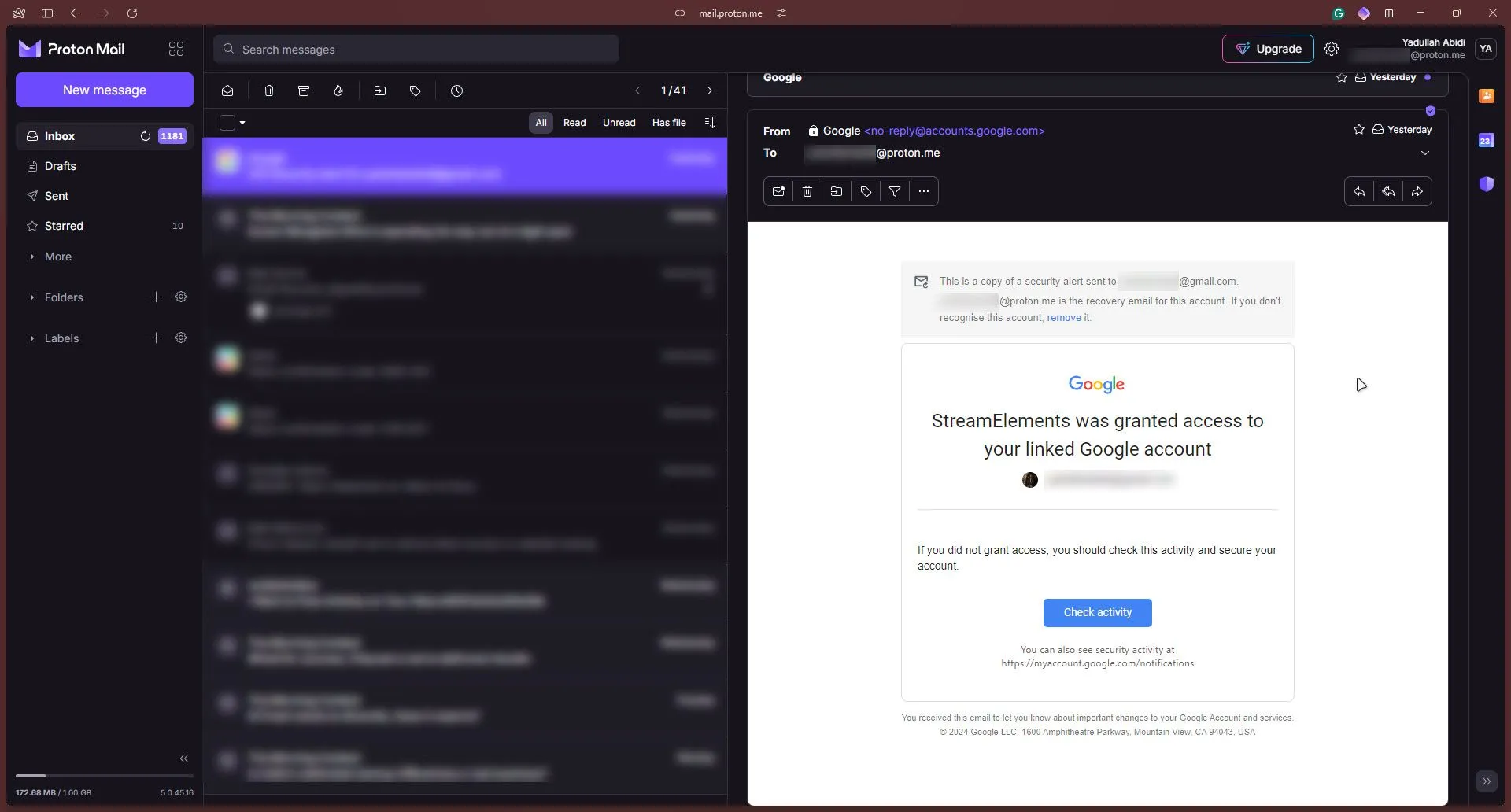 Giao diện người dùng của Proton Mail, một dịch vụ email tập trung vào quyền riêng tư
