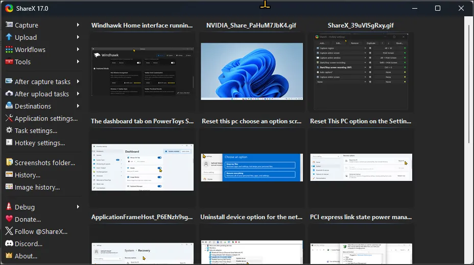 Giao diện người dùng của ShareX trên Windows 11 với các tùy chọn chụp, quay màn hình và chia sẻ nâng cao.