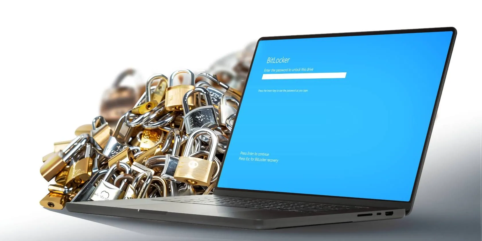 Giao diện nhập mật khẩu BitLocker trên màn hình laptop và biểu tượng ổ khóa, minh họa tính năng mã hóa dữ liệu của Windows.