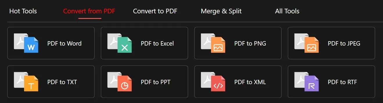 Giao diện PDFGear hiển thị tính năng chuyển đổi file PDF sang các định dạng khác như Word, Excel, PowerPoint, hình ảnh.