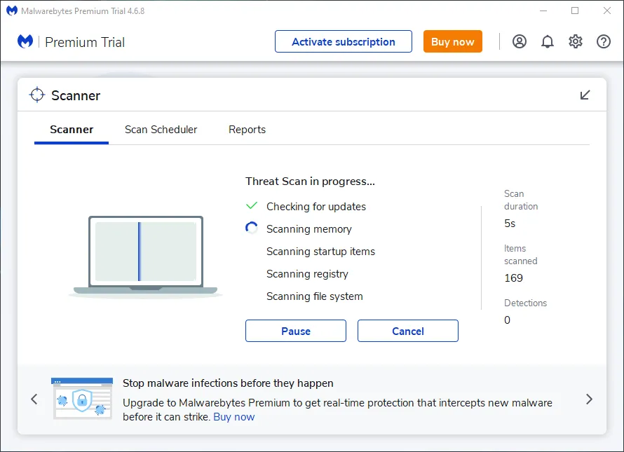 Giao diện phần mềm bảo mật Malwarebytes trên Windows
