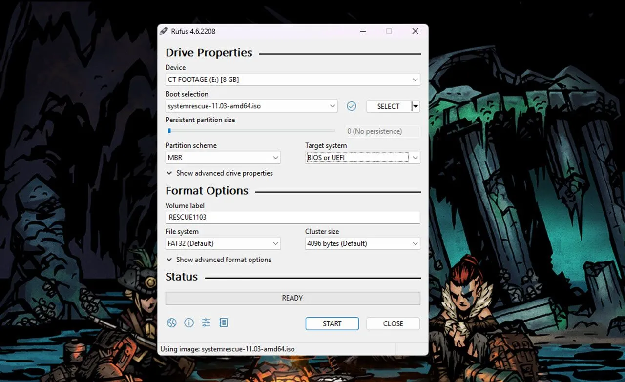 Giao diện phần mềm Rufus với các thiết lập để tạo USB bootable SystemRescue