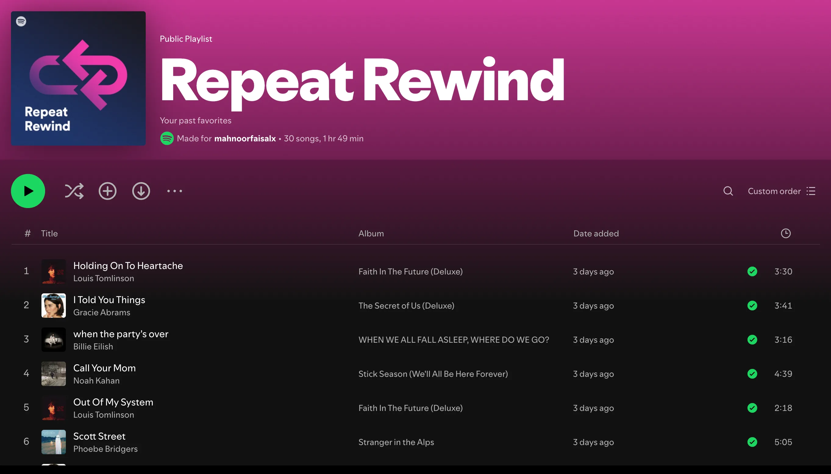 Giao diện playlist Repeat Rewind của Spotify tổng hợp các bài hát đã nghe nhiều.