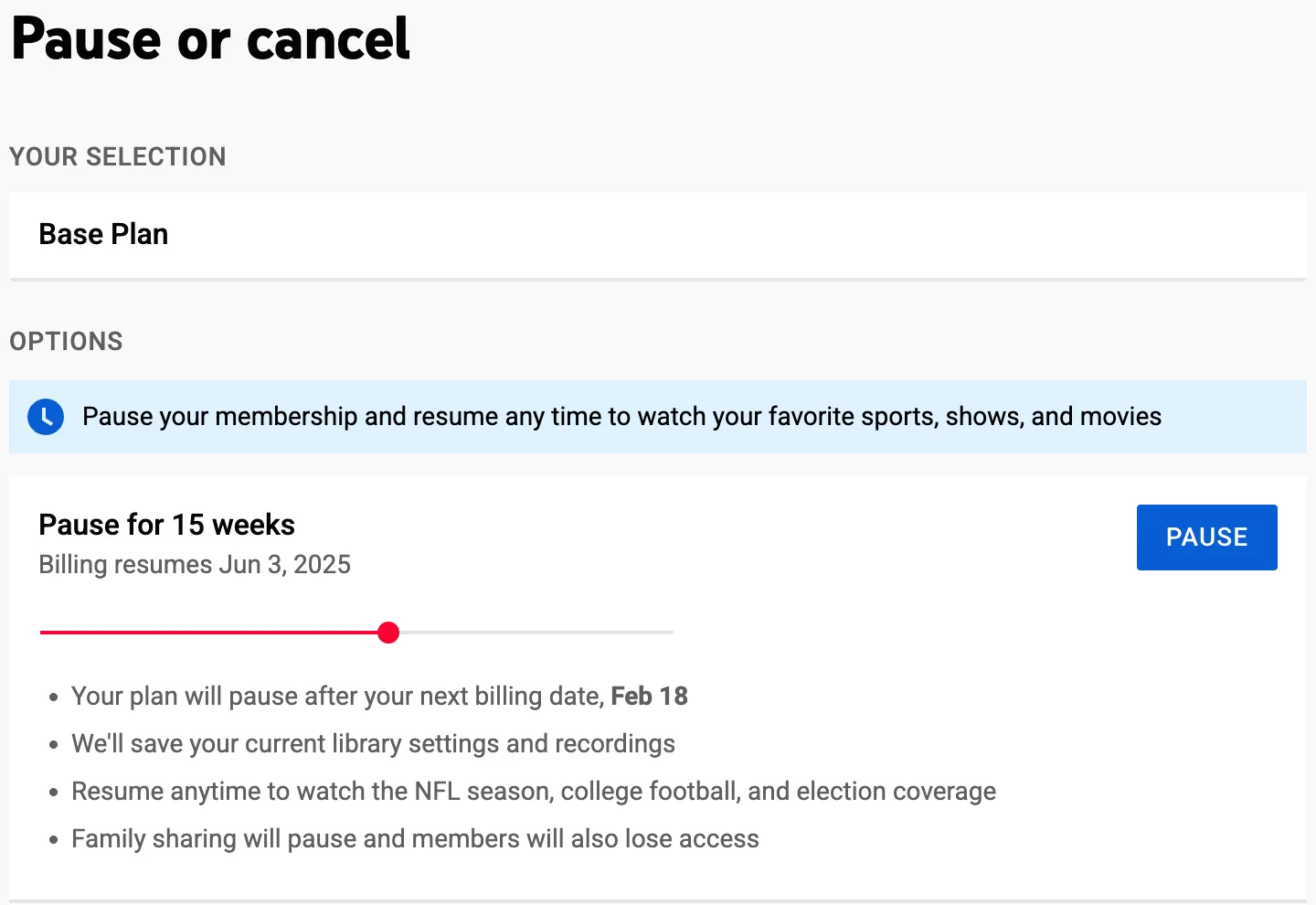 Giao diện quản lý gói đăng ký YouTube TV cho phép người dùng tạm dừng dịch vụ trong tối đa sáu tháng.