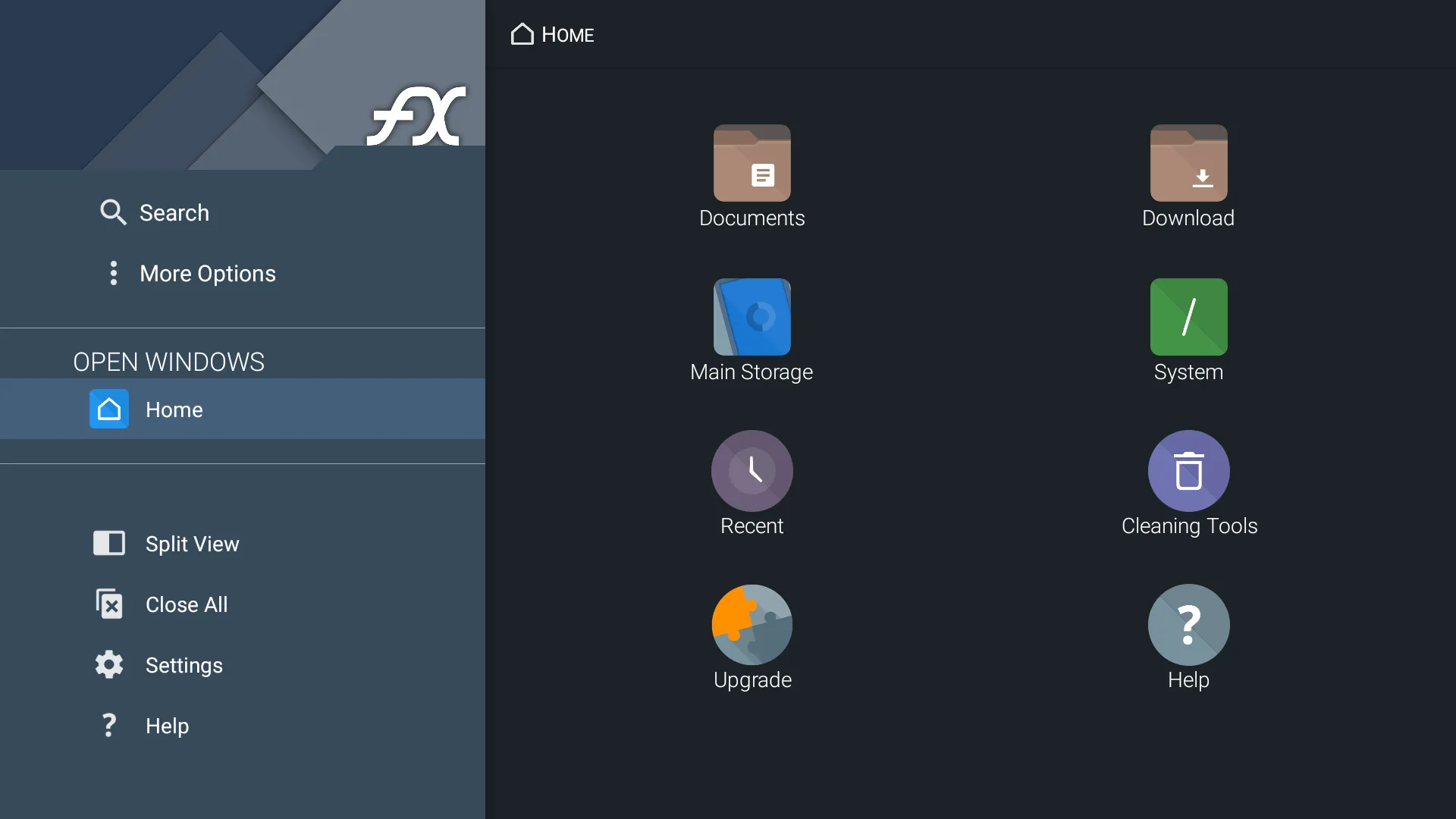 Giao diện quản lý tệp của FX File Explorer trên Smart TV hiển thị các thư mục và tùy chọn